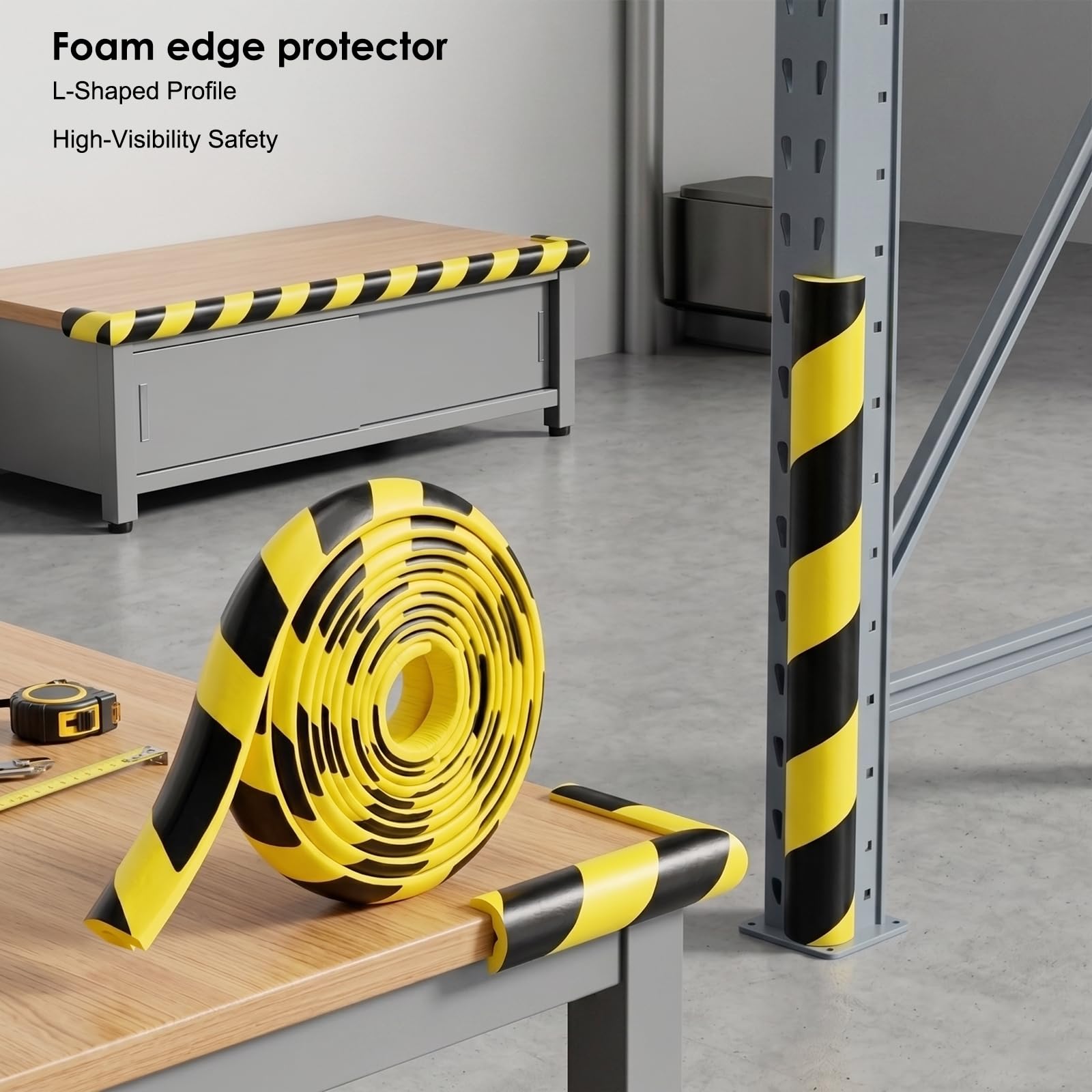 RANJIMA Protection d'angle en Mousse NBR - en Forme de L - 5 m - Noir et Jaune - Protection Contre Les Chocs - Profilé de Protection des Bords Autocollant - pour Garage, entrepôt, Mur, colonnes
