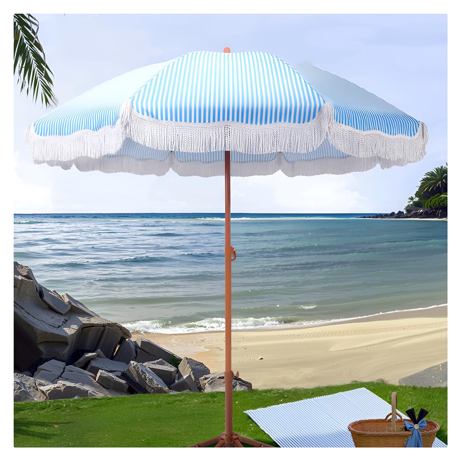 Parasol Ogrodowy Boho z Frędzlami 200 Cm z Regulacją Nachylenia, W Paski, z Filtrem Upf50+, na Trawnik, Basen, Stół Ogrodowy