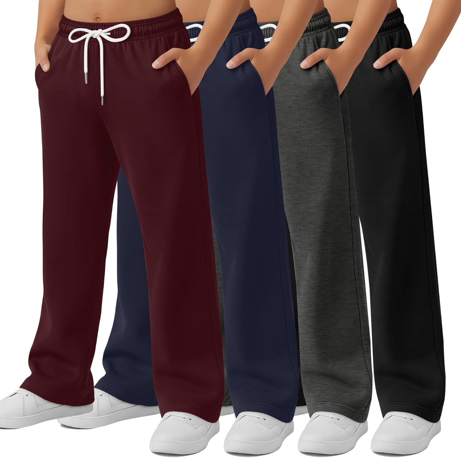 4 Pack Boys Baggy Sweatpant Straight Leg Drawstring Athletic Jogger Youth Open Bott...