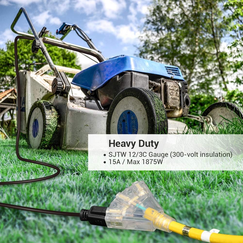 DEWENWILS 25 FT 14/3 Gauge Indoor/Outdoor Tri-Tap Extension Cord Splitter, SJTW 15 Amp Yellow Outer Jacket Contractor Grade Heavy Duty Power Cable with LED Lighted Plug, UL Listed - - 