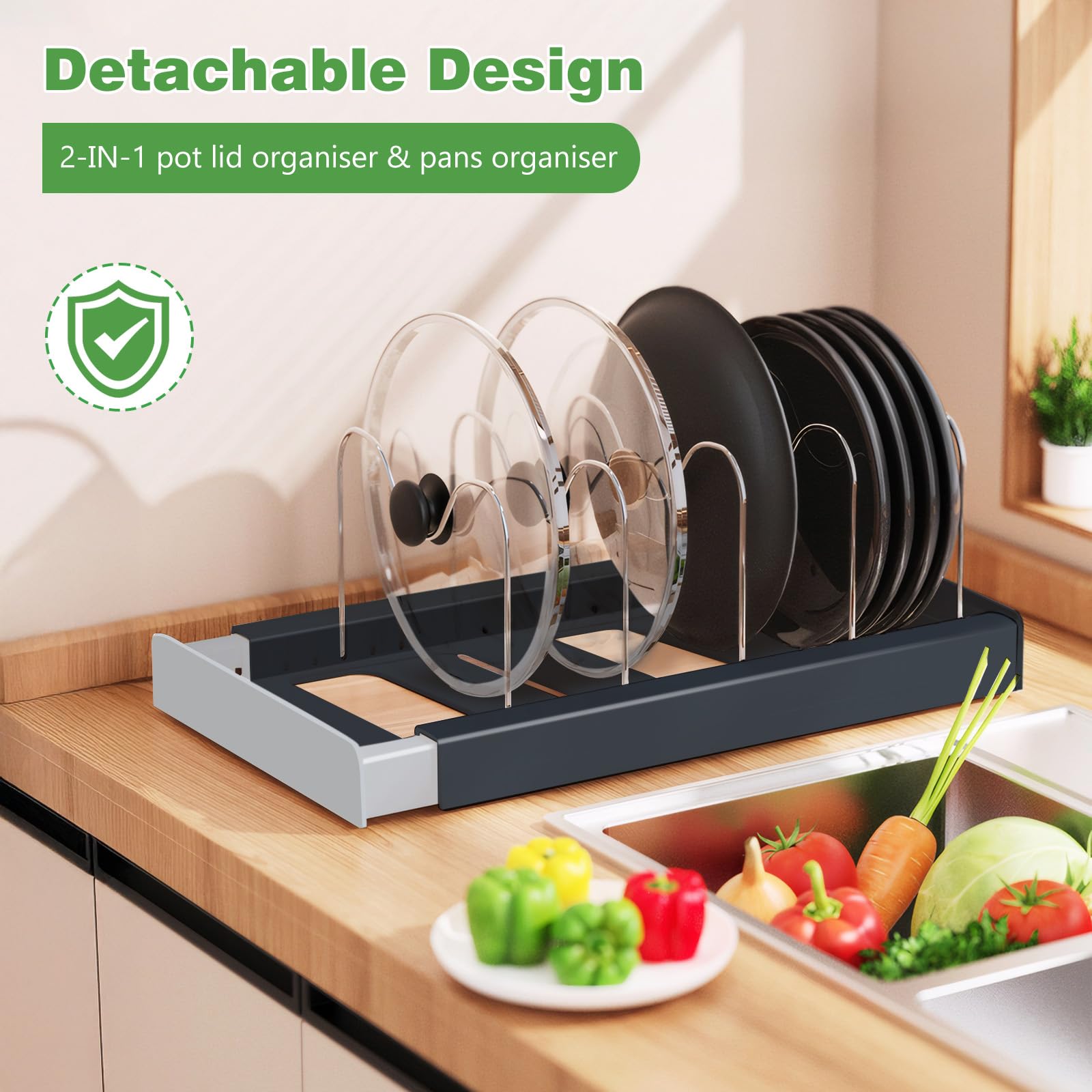 Porta Coperchi Pentole, Organizer Padelle, con 10 Scomparti Regolabili, Stendibile, Allungabile, Antiscivolo, ABS + Acciaio Inossidabile Spesso, per utensili da Cucina, Pentole, Coperchi