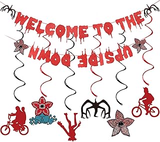 Stranger Things Decorations, Red Glitter Welcome To The Upside Down Banner Stranger Things Party Banner and Stranger Things Hanging Swirls for Upside Down Stranger Things Halloween Decorations