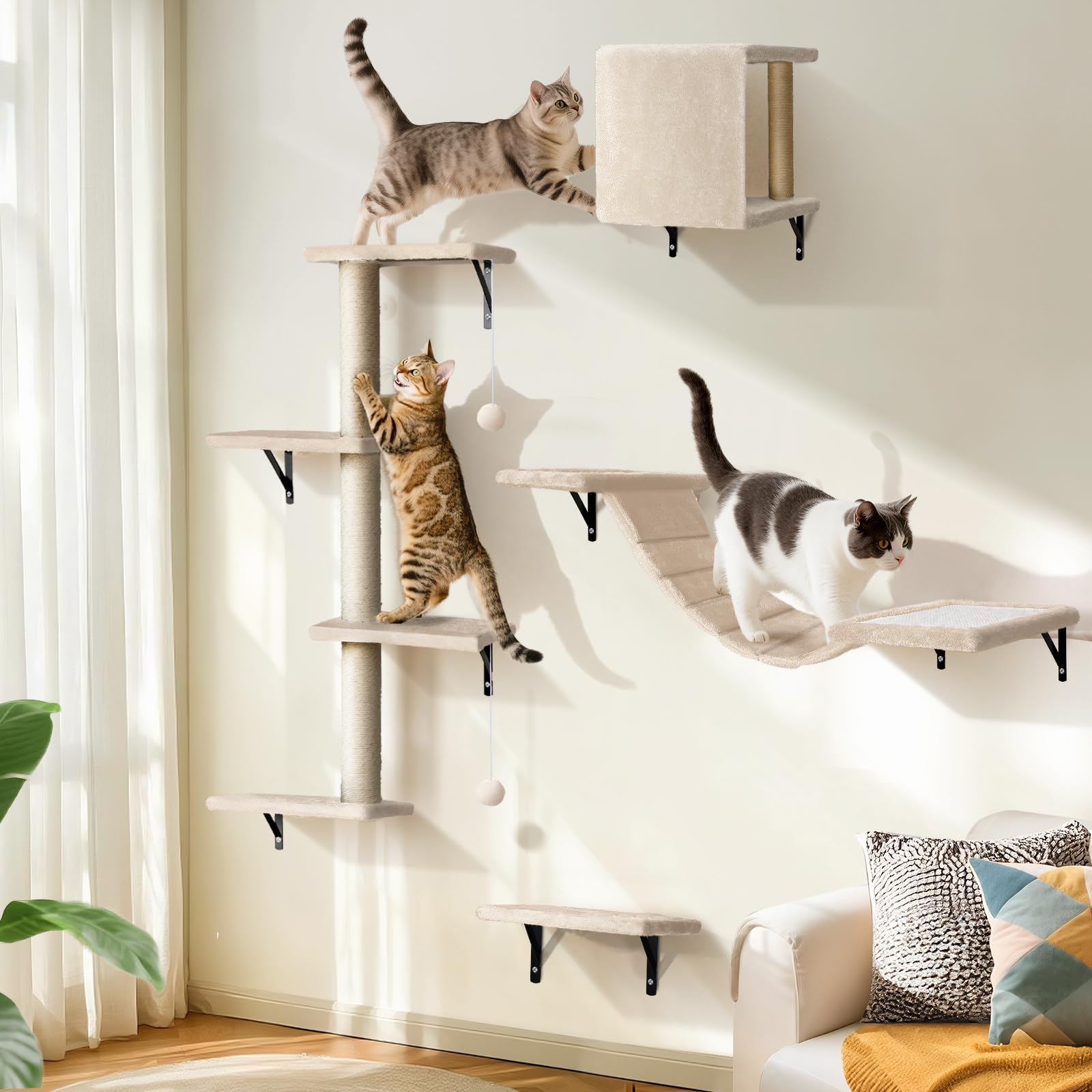 Kletterwand Katzen 10-teilig, Wandmontage Katzenmöbel Set mit Katzenbrücke, Katzenhaus, Kratzbaum & Hängematte, Stabiler Katzentreppe bis 10 kg, Beige