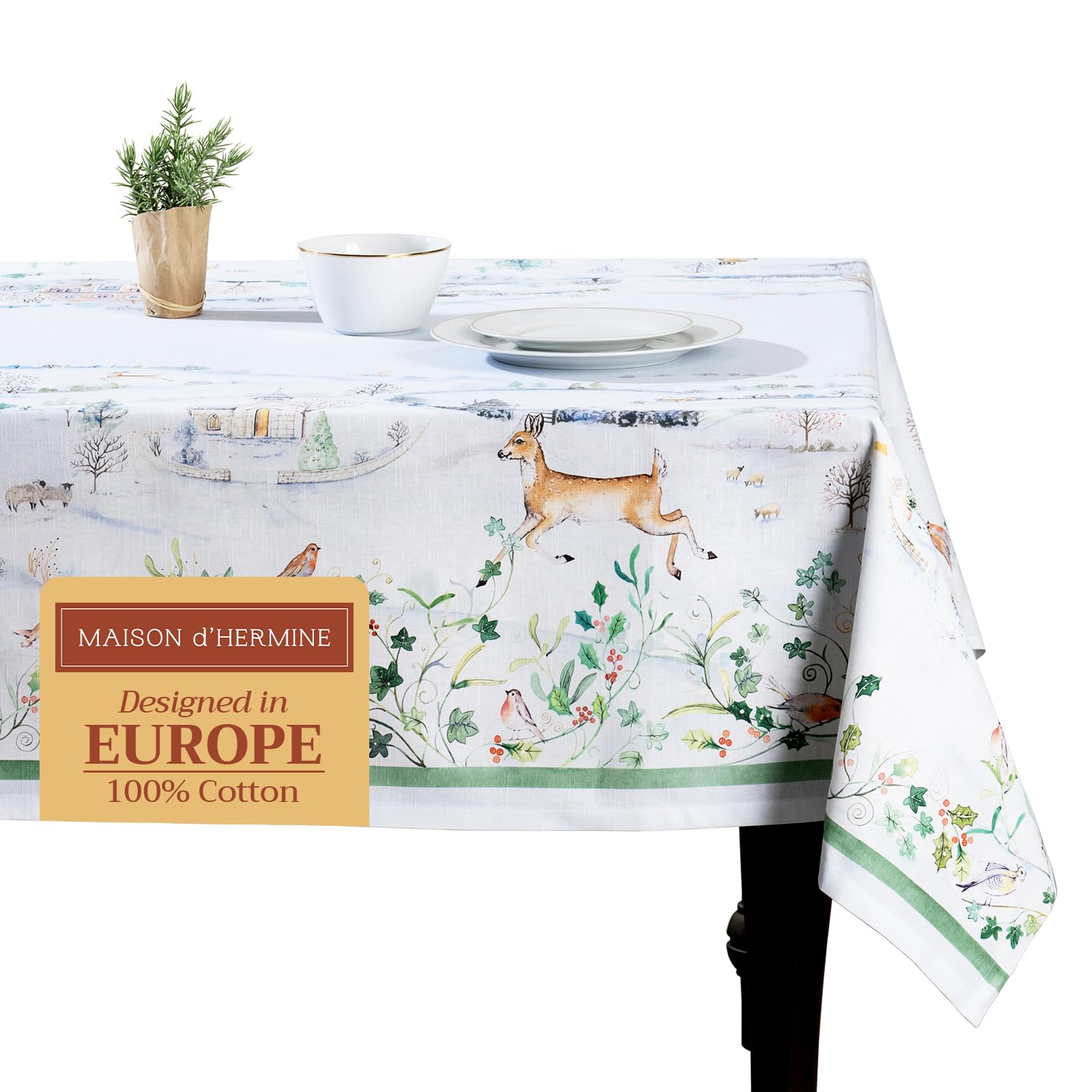 Maison d'Hermine Tischdecke Rechteckig 100% Baumwolle 220 cm x 160 cm Wiederverwendbar Alltagsgebrauch für Weihnachtsdekorationen Esszimmer Landhaus Zuhause Party Festlich (Snowy World)