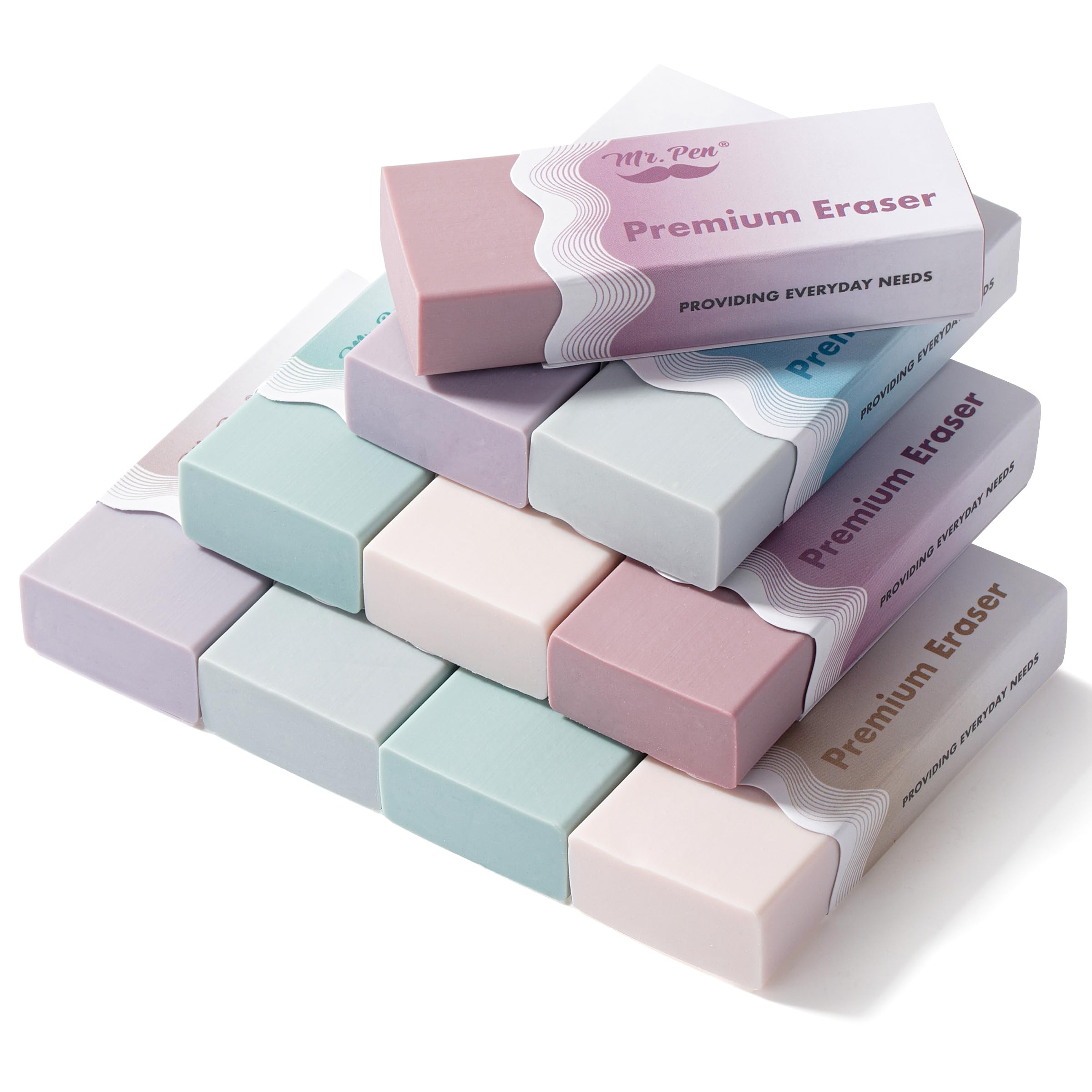 Mr. Pen- Pencil Erasers, 10 Pack, Morandi Colors, Latex-Free Vinyl Erasers, Wavy Sleeve Large Eraser for School Office, Art Eraser for Drawing