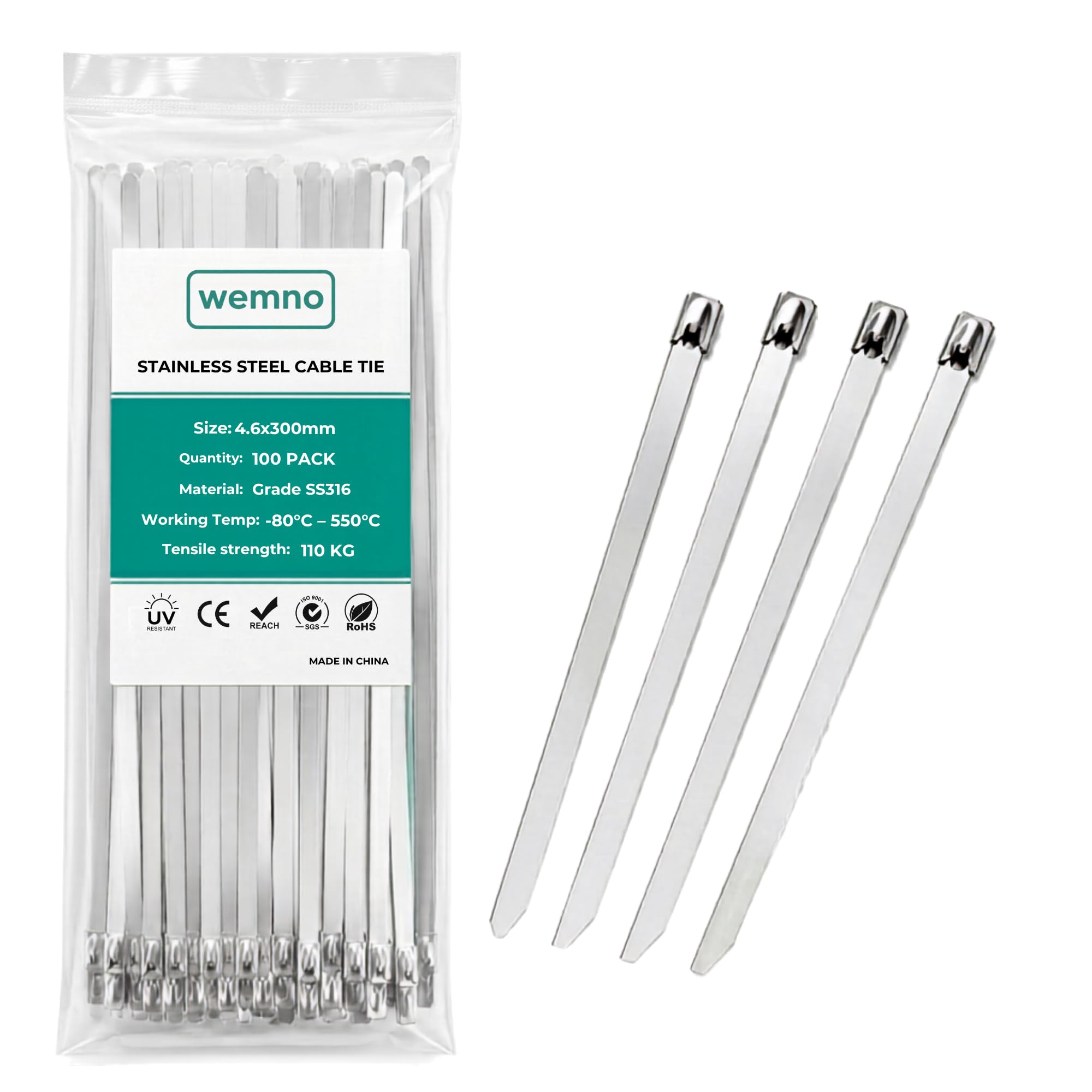 WEMNO 316 Stainless Steel Cable Ties 4.6x300mm | Metal Cable Ties 100 Pack