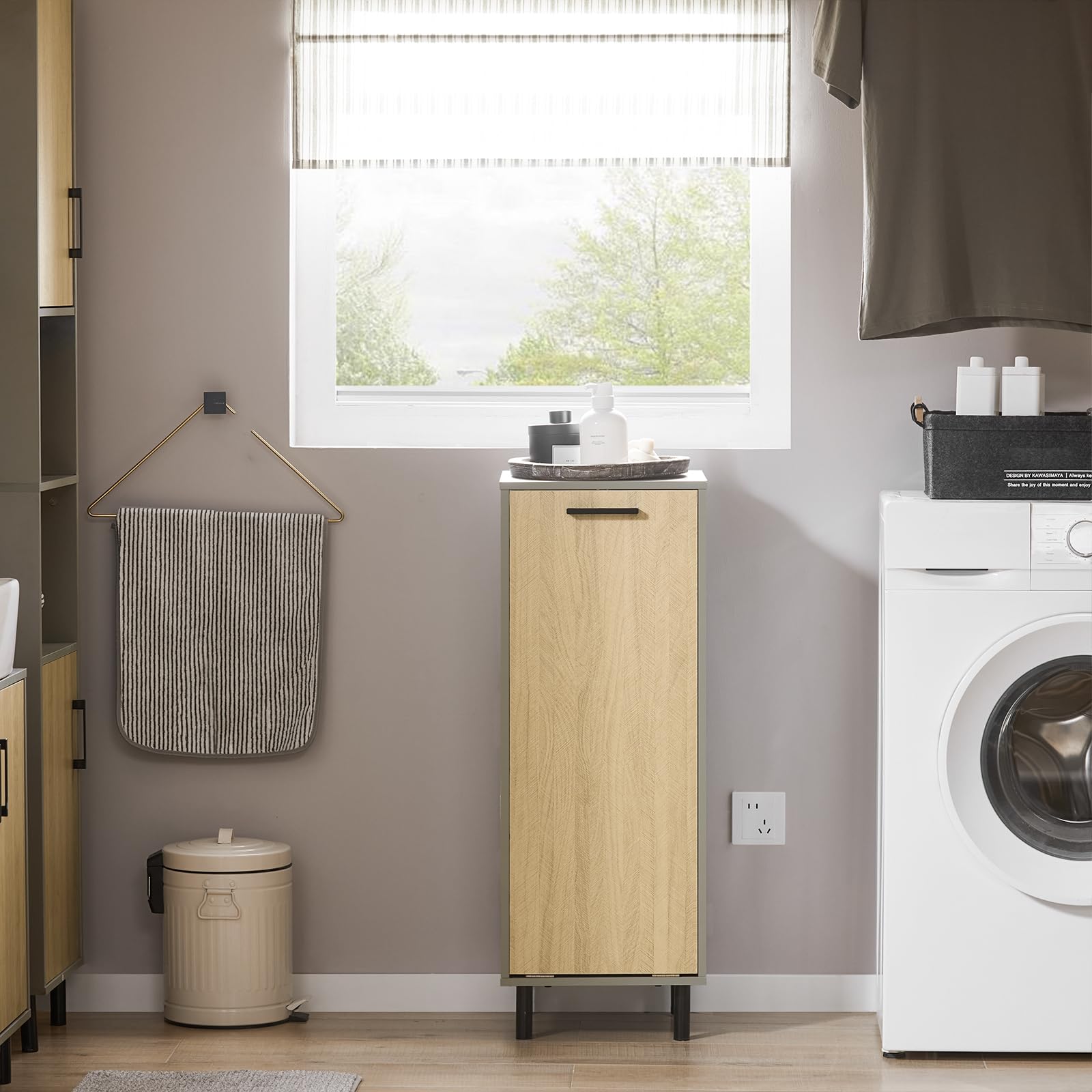 Wäscheschrank mit Korb, Aufbewahrung, Badezimmerschrank, 31,5 x 30 x 86 cm (B x T x H)