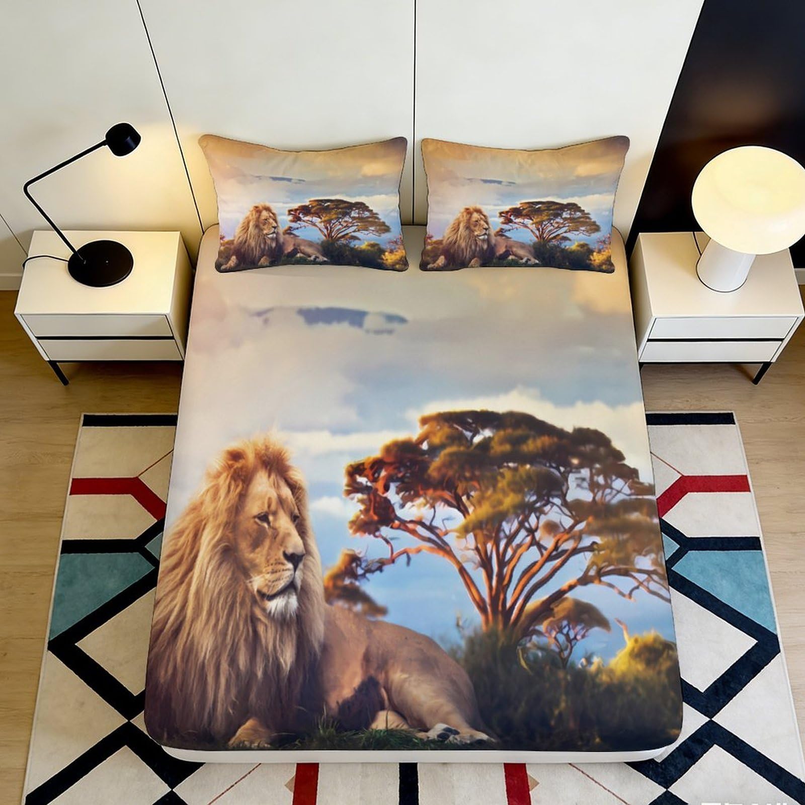 3D Printed Lion Tree Fitted Sheet Microfiber Soft Breathable African Safari Bed Cover for Bedroom Dormitory Guest Room Mattress Protection Decor 200x200x25cm