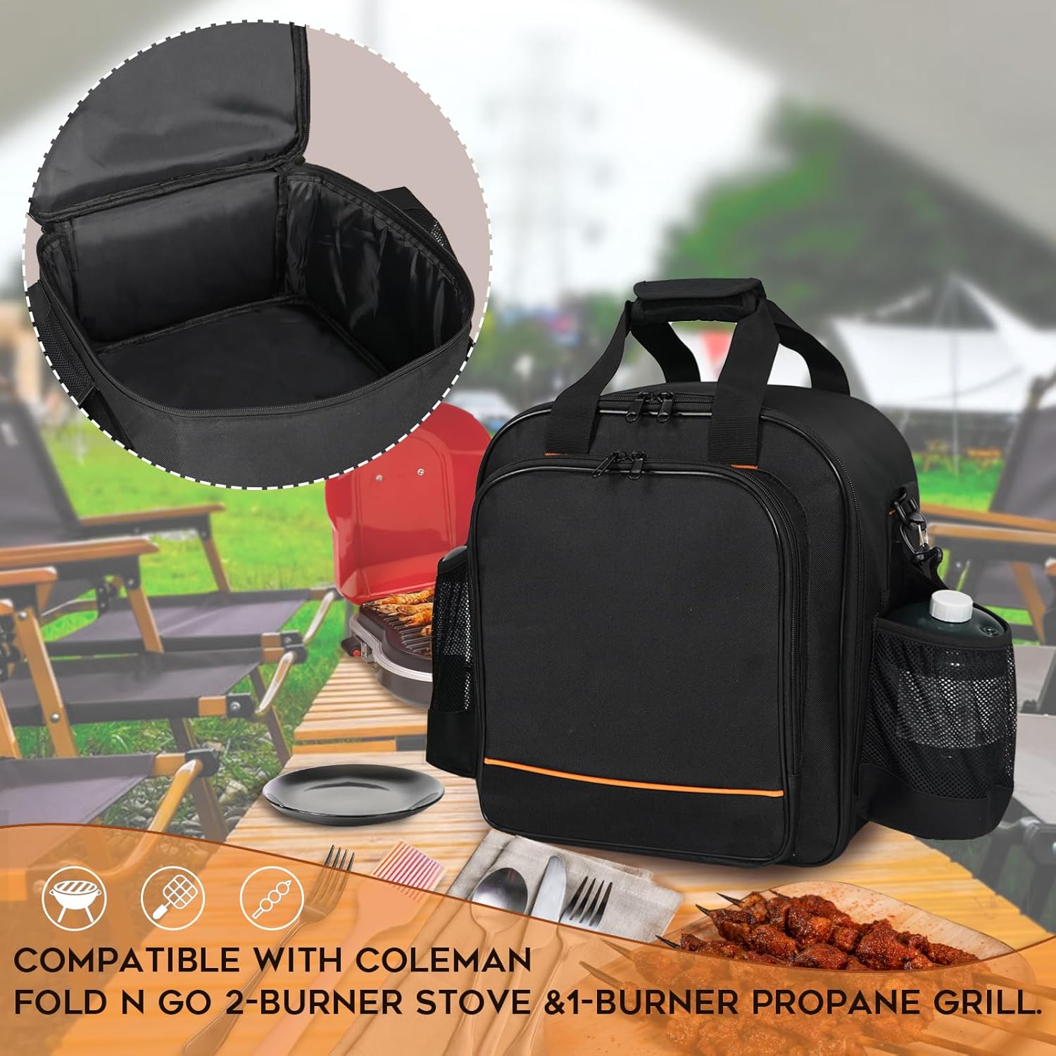 ORKELS Camping Grill Carry Bag for Coleman Fold N Go - with Pockets for 1lb Propane Cylinders & Accessories - Bag Only