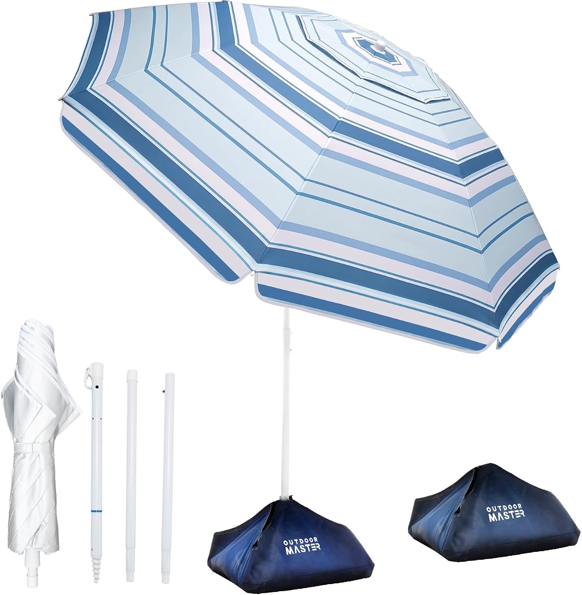 OutdoorMaster Sombrillas de playa de 7,2 pies para arena con bolsa de arena y ancla | Paraguas ajustable de 7,2 pies para playa, resistente al viento, sombrilla portátil UPF50+ con bolsa de transporte para patio