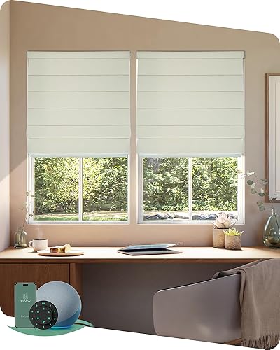 Yoolax Persiana romana motorizada opaca clásica plegable inteligente con Alexa y Google Home, pantalla eléctrica con control remoto personalizado