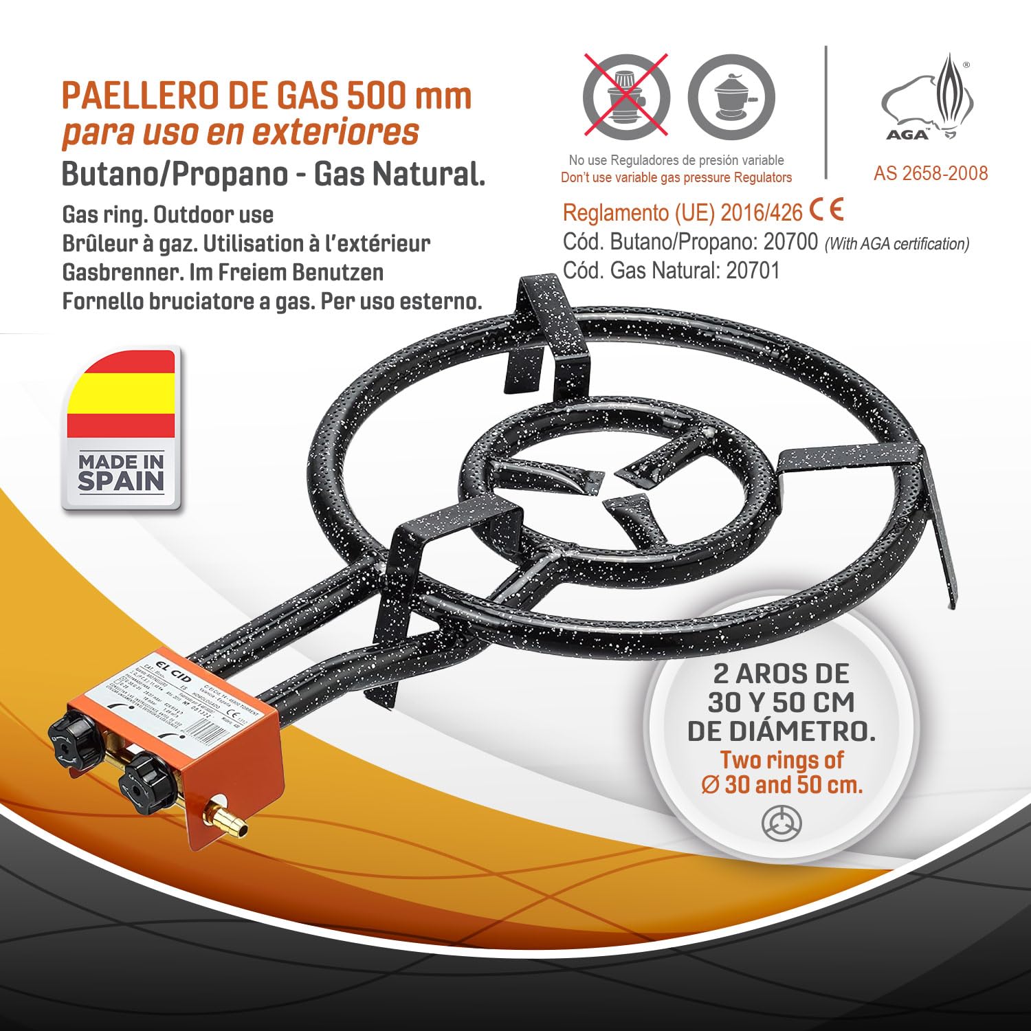 Paellero a Gas 50 cm + Kit Completo (Paellera 60 cm + Paellera de 42 cm + Patas Reforzadas + Regulador + Manguera + Delantal)