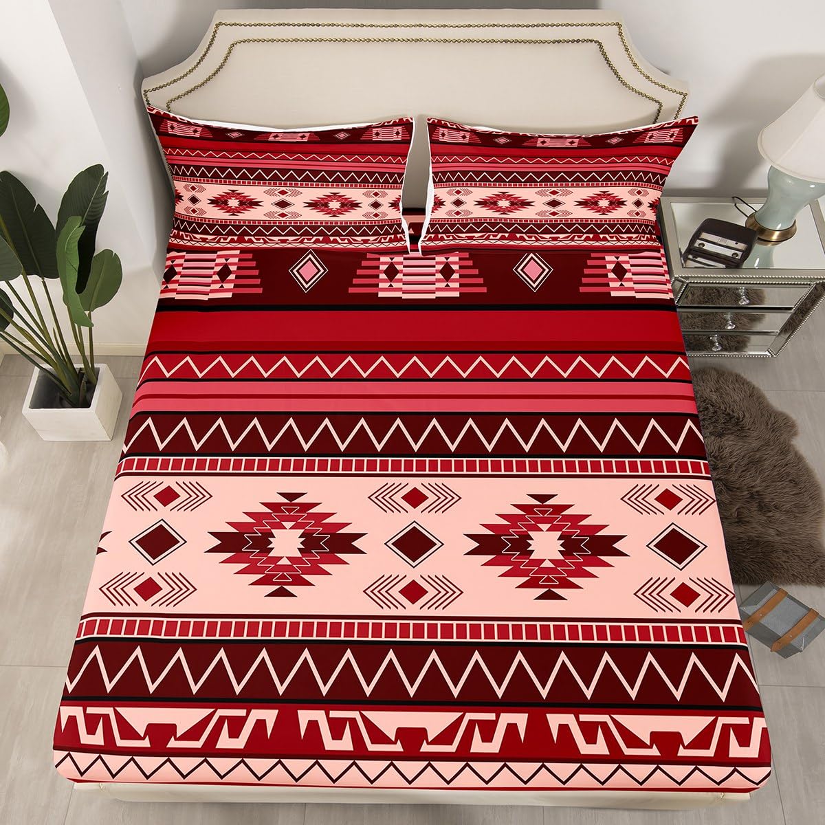jejeloiu Boho Fitted Sheet Full Size Kids Southwestern Native Aztec Bedding Set for Boys Girls Teens Southwest Native American Design Bed Sheets Set Wine Red