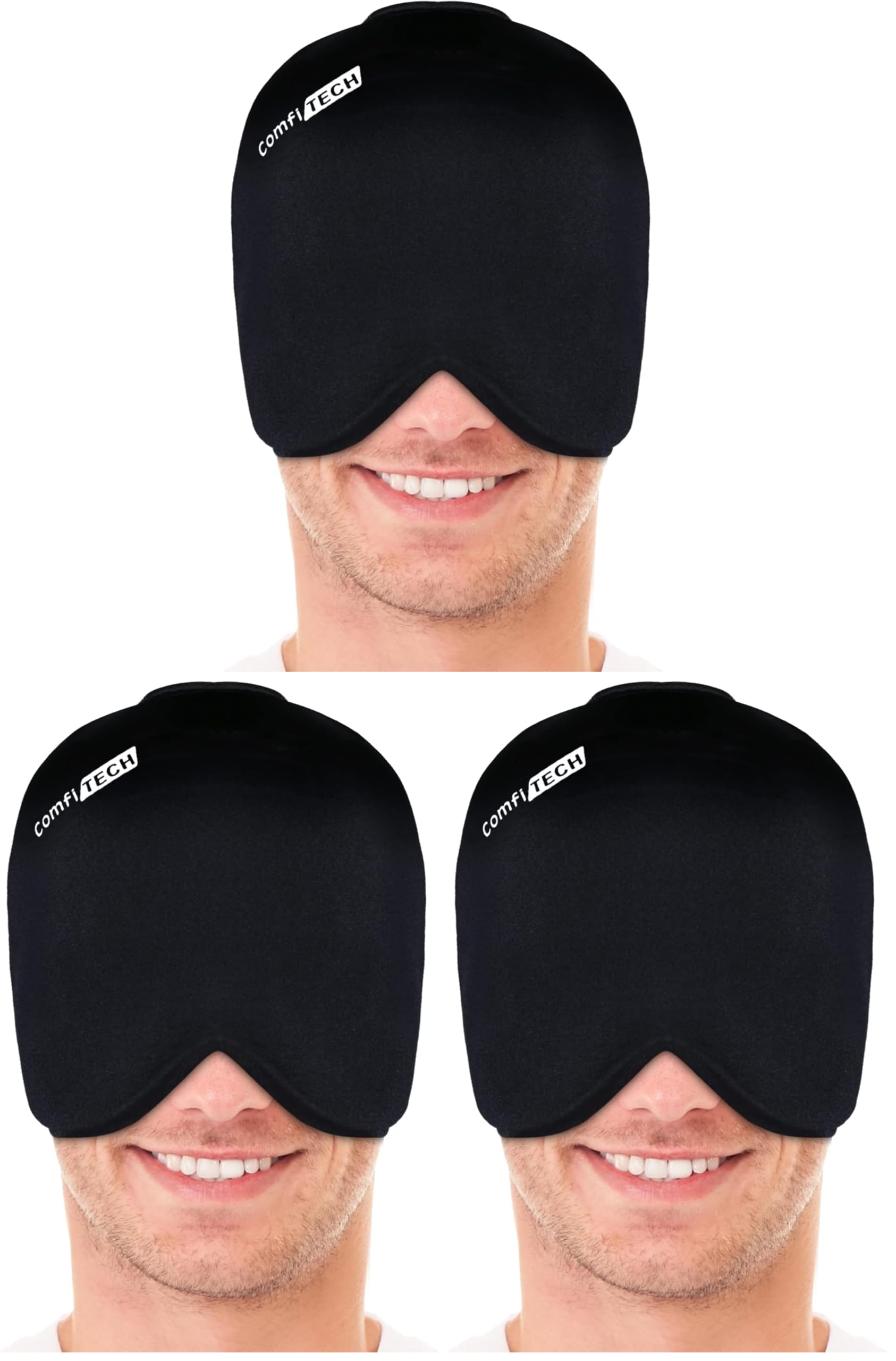 ComfiTECH Head Ice Pack Wrap Cold Cap Cooling Gel Hat, Large, Black (Pack of 3)