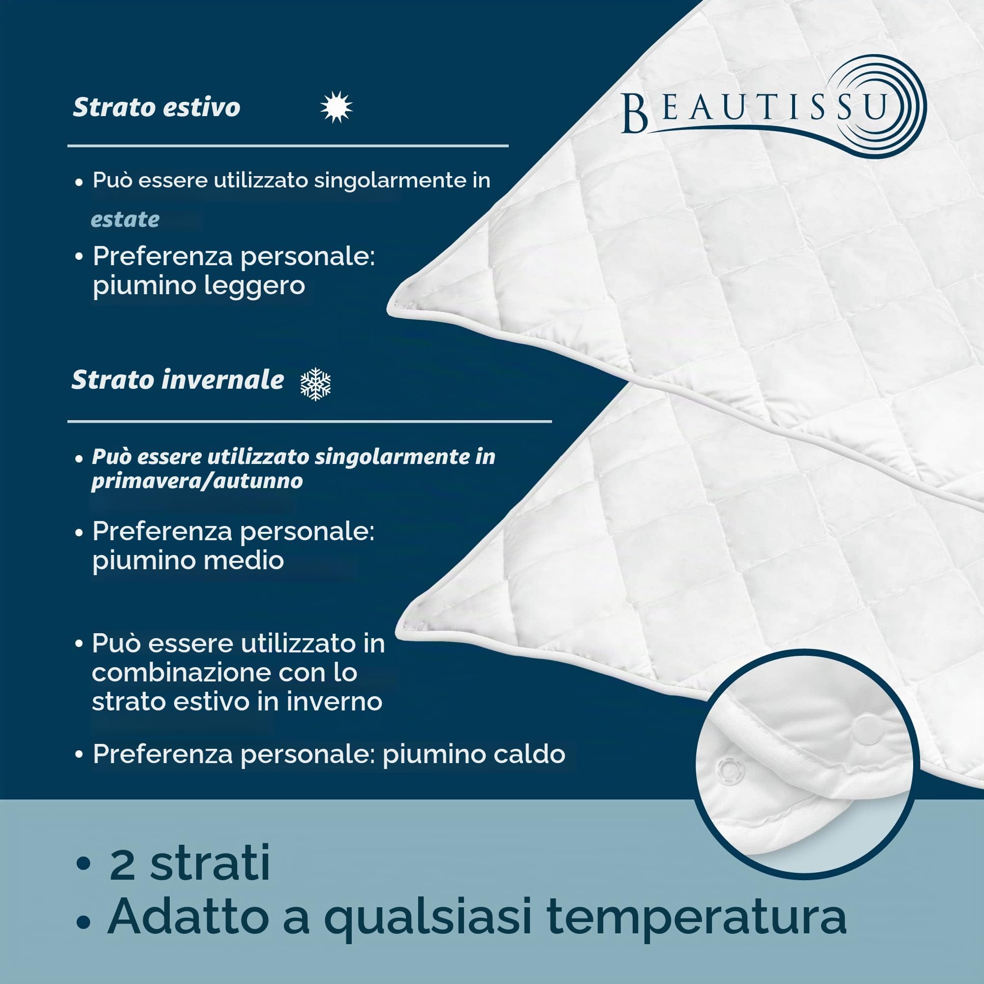Beautissu Piumino Matrimoniale 4 stagioni Microfibra anallergico coperta | 155x220cm formata da 2 trapuntini con bottoni a pressione letto anallergica divisibile riscaldante quattro BeauNuit JD