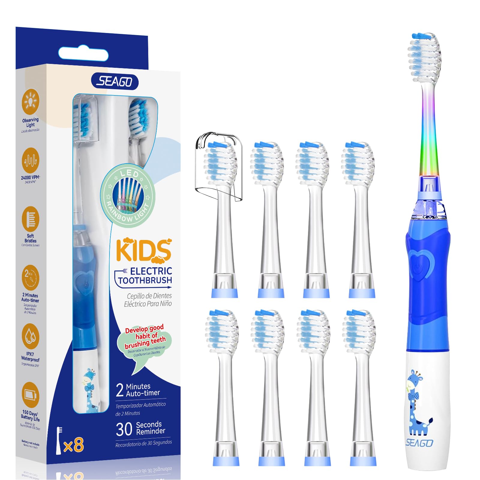 Seago Electric Toothbrush for Kids Ages 3-12+, Electric Toothbrush with Color Light, Smart Timer, 8 Soft Heads, Waterproof Toothbrush