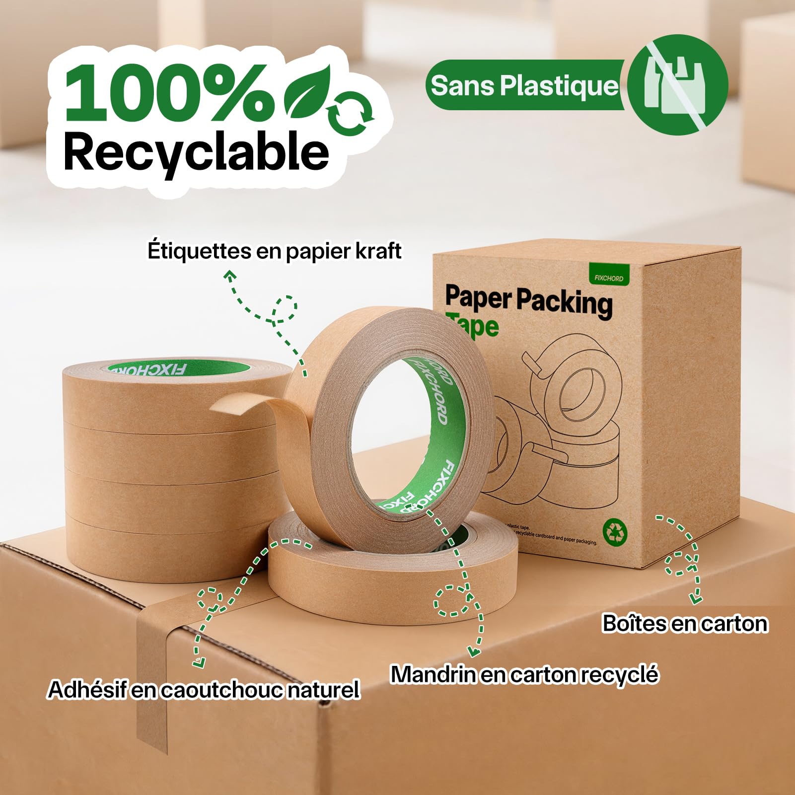 Ruban D'emballage en Papier 24mm x 50m | Recyclable, Inscriptible et imperméable | Ruban Adhésif Papier Kraft pour emballer des colis et des boîtes, déménager | 6 Rouleaux