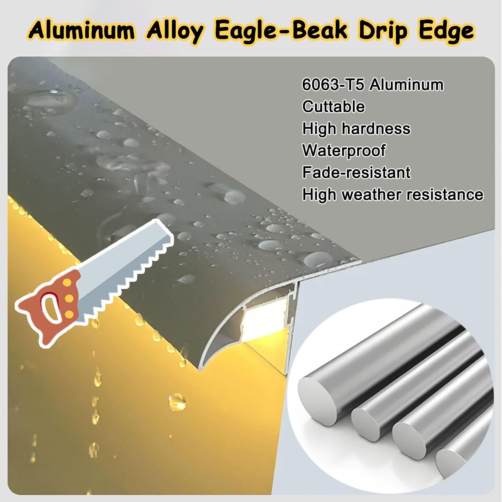 Borde goteo Perfil aluminio canal goterón 2PCS, remate drenaje agua techo con ranura luz, perfil impermeable alféizar ventana y balcón, cinta flashing exterior(Black)