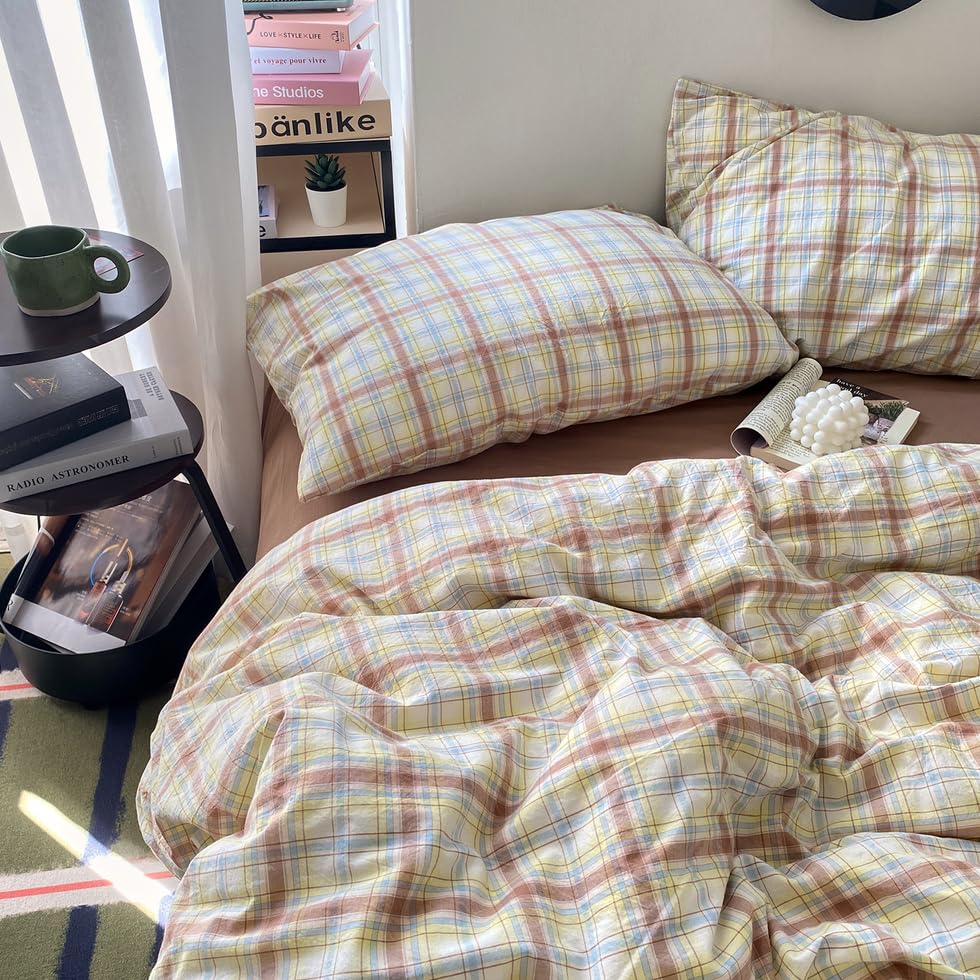 Image of EAVD Vintage Style Buffalo Plaid Duvet Cover King Soft 100% Washed Cotton Chic Blue&Yellow&Brown Grid Checked Plaid Bedding Set with 2 Pillowcases Reversible Gingham Duvet Cover with Zipper