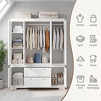 Vista 4 de Armario de 4 puertas blanco de 71 pulgadas con 2 cajones grandes y asas doradas, armario de almacenamiento independiente para colgar ropa