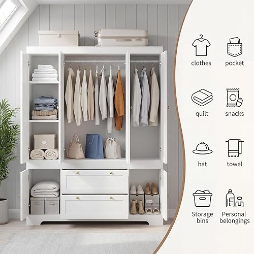 Miniatura 4 de Armario de 4 puertas blanco de 71 pulgadas con 2 cajones grandes y asas doradas, armario de almacenamiento independiente para colgar ropa