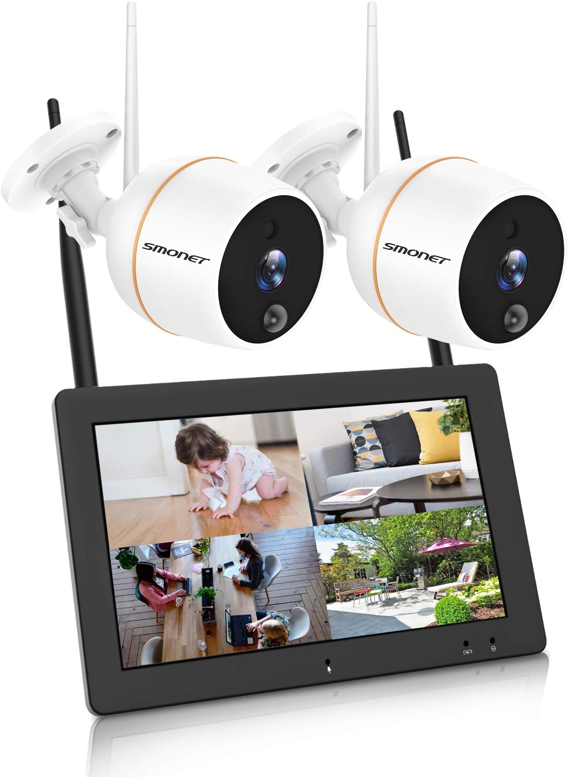【WiFi System】 SMONET Wireless Security Camera System with 7" Touchscreen Monitor(32G TF Card Include) with 2PCS 1080P Indoor Outdoor WiFi Security Camera, Two-Way Audio, Motion Detection, Remote View