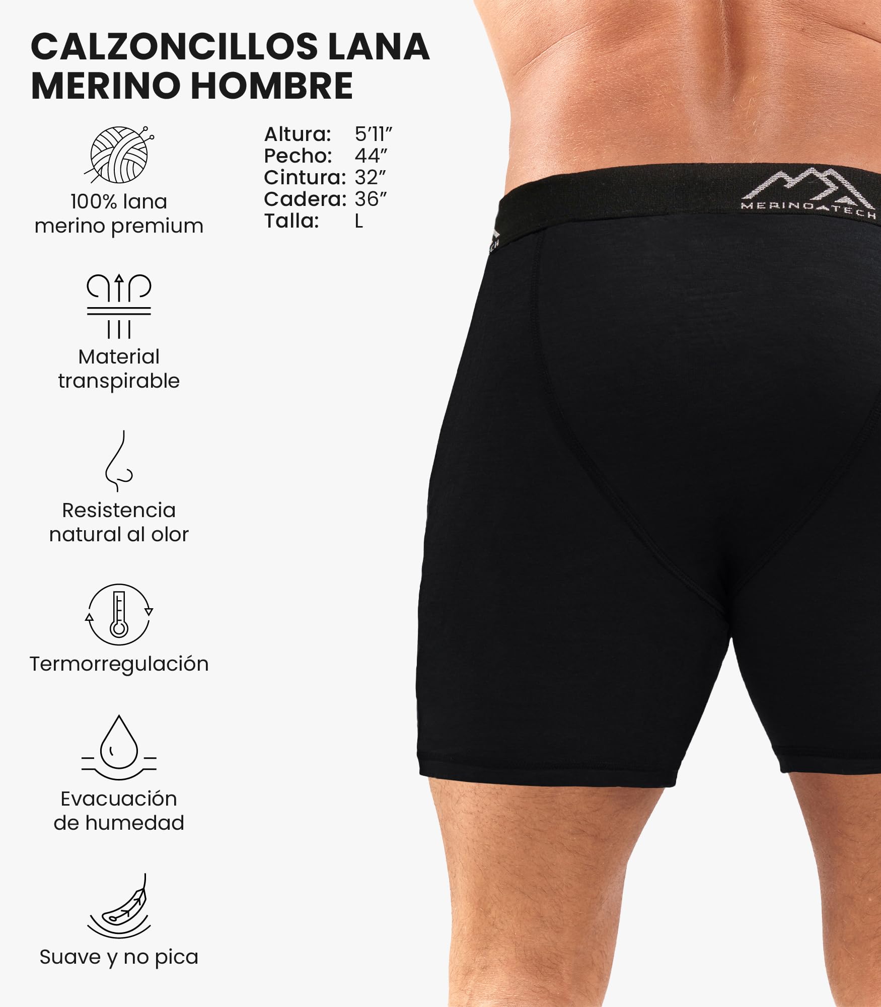 Merino.tech Calzoncillos Lana Merino Hombre - Boxer (L, P2 - Black) | Cintura elástica, sin rozaduras en entrepierna, transpirables, uso diario