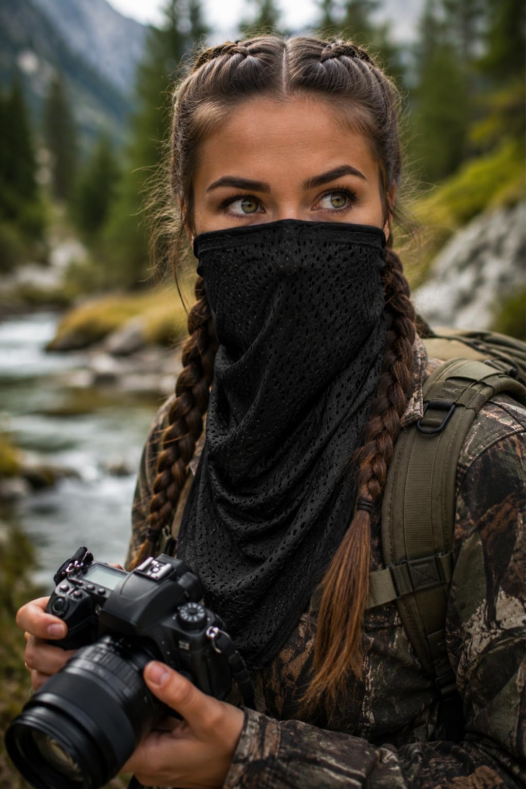 Outdoor – chusta na szyję, chusta wielofunkcyjna, chusta na głowę, szal, opaska na czoło, maskowanie, ochrona na świeżym powietrzu, polowanie, wędkowanie, militarna, tkanina siateczkowa, kolor czarny