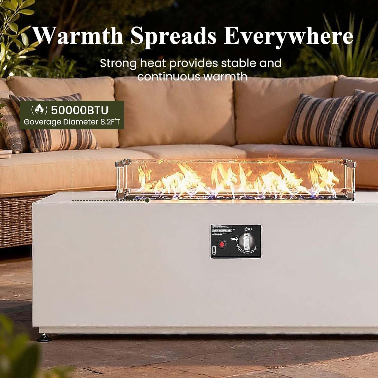 LayinSun 42 Inch Outdoor Fire Pit Table for Outside Patio, 55000BTU Rectangle Propane Firepit with Hidden Fuel Tank, Glass Wind Guard, Waterproof Cover and Lid