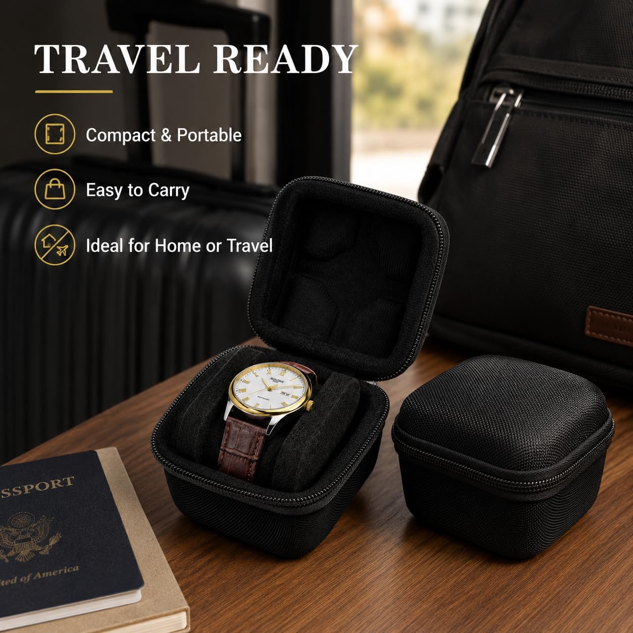 Single Watch Travel Case, EVA Hard Shell Watch Storage Box with Soft Foam Insert, Portable Zipper Watch Organizer for Mechanical and Smart Watches, Black