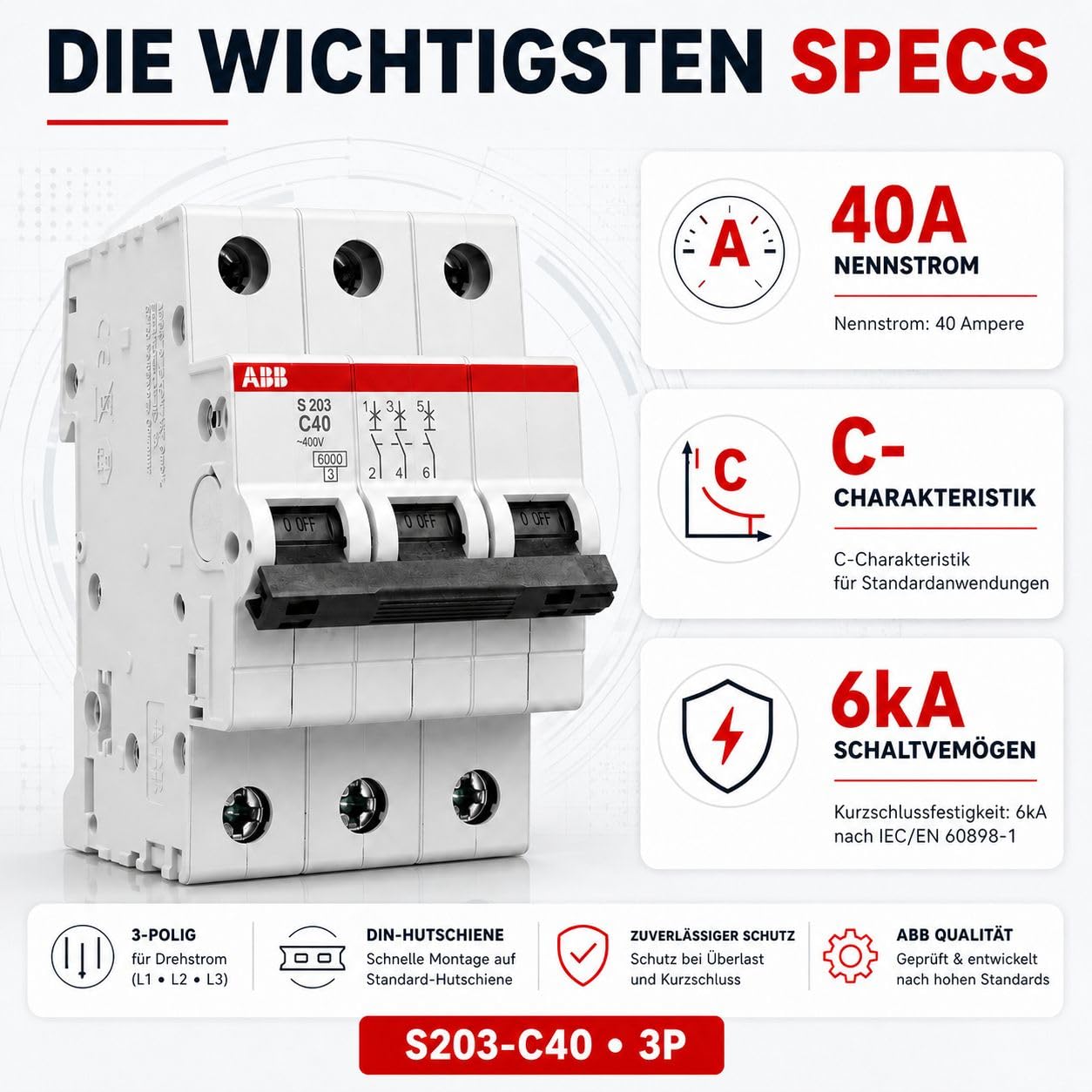 ABB S203-C40 Leitungsschutzschalter 3-polig C40A 6kA, Sicherungsautomat Drehstrom 400V, LS-Schalter für Hutschiene, Leitungsschutzschalter 40A, System pro M compact, DIN EN 60898-1
