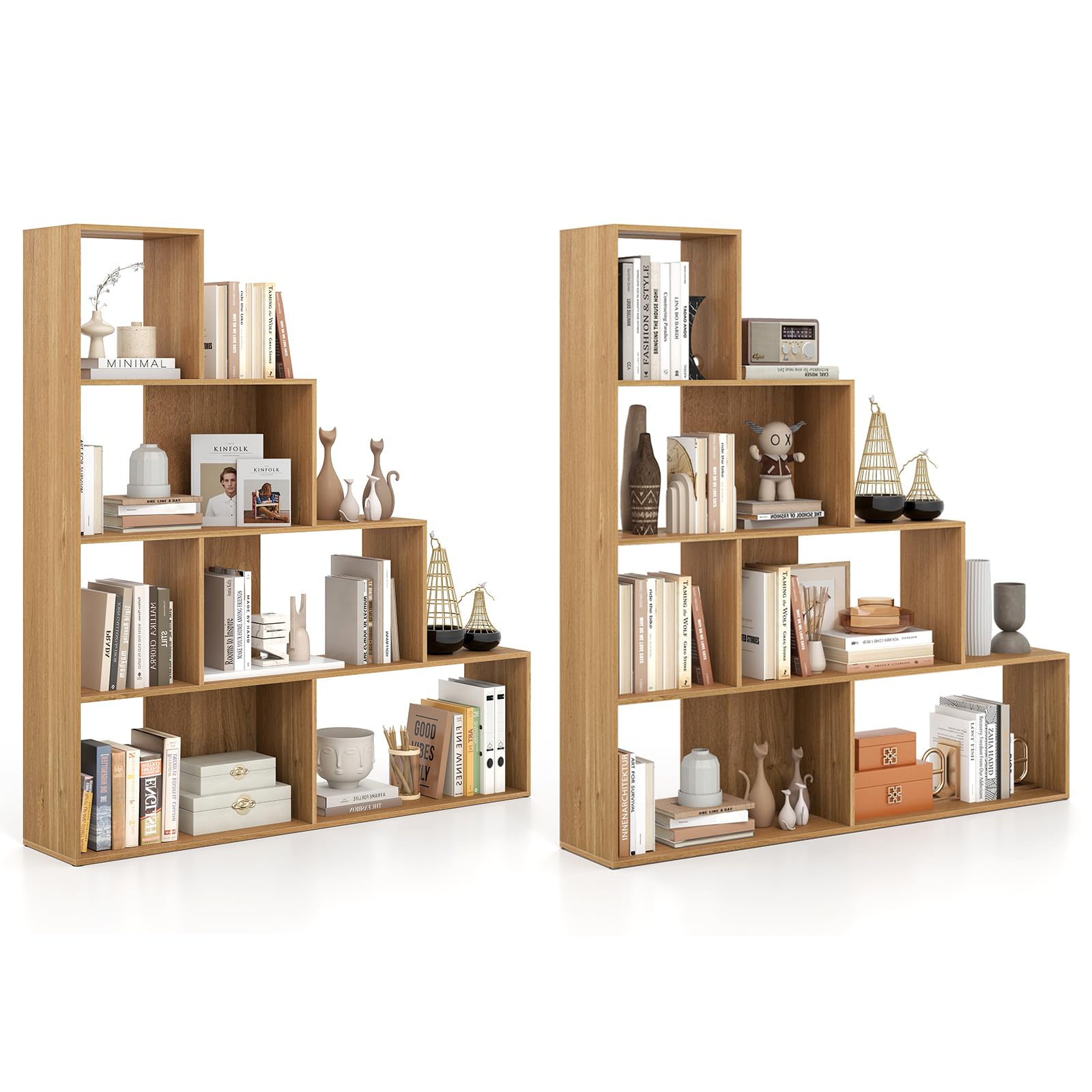 Tangkula 4-Tier Stepped Bookshelf, Freestanding 6 Cubes Ladder Bookcase with Anti-Tipping Kits, 64" Tall Modern Wooden Storage Display Rack for Home