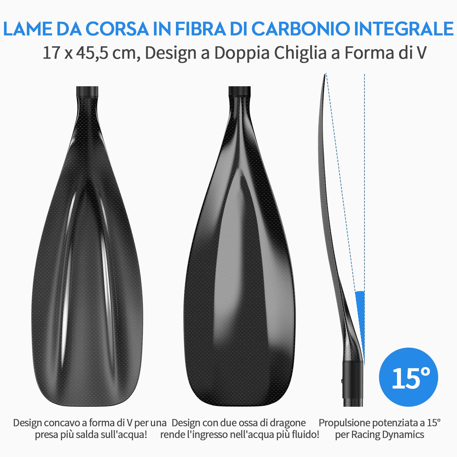 Pagaia SUP FOWAWU in carbonio parziale/Carbonio completo - Pagaia per paddle board a tre pezzi regolabile - Remi leggeri e galleggianti per paddle board SUP