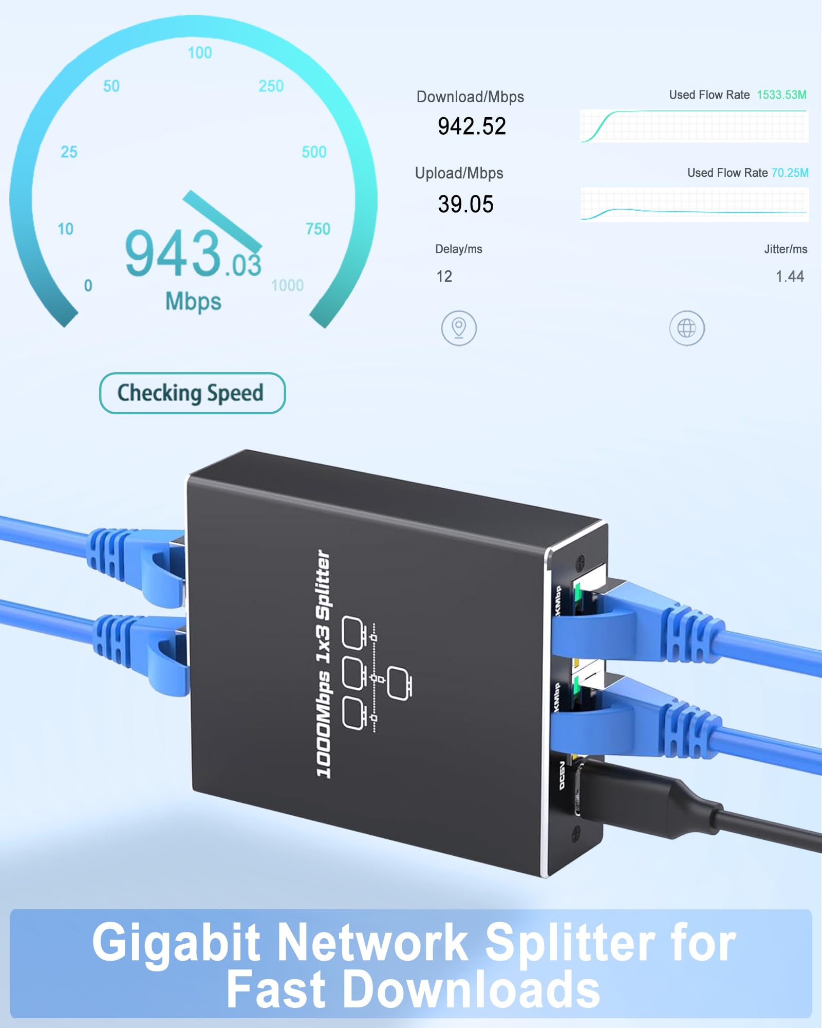 LIEZHUA Répartiteur Ethernet 1 vers 3, 1000 Mbps haute vitesse Ethernet avec câble LAN Cat 6 [3 appareils réseau simultané], extension de réseau LAN Gigabit RJ45 pour câble Cat8/7/6/5e/5