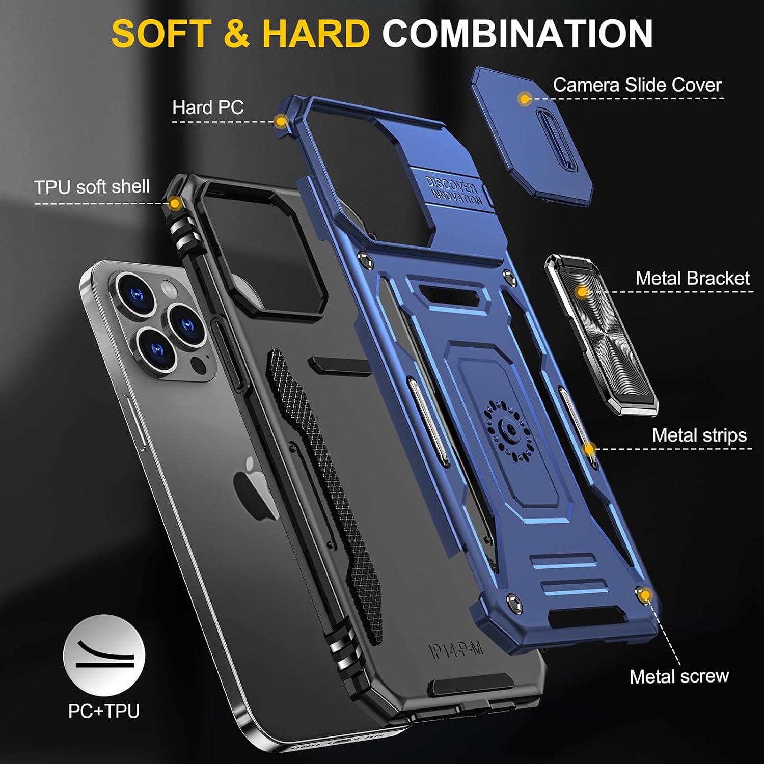 AKABEILA Case Screen Protector for iPhone 15 Plus Phone Case Tempered Glass Protective Film TPU PC Case Cover Rotate Stand Slide Camera Protection 6.7"