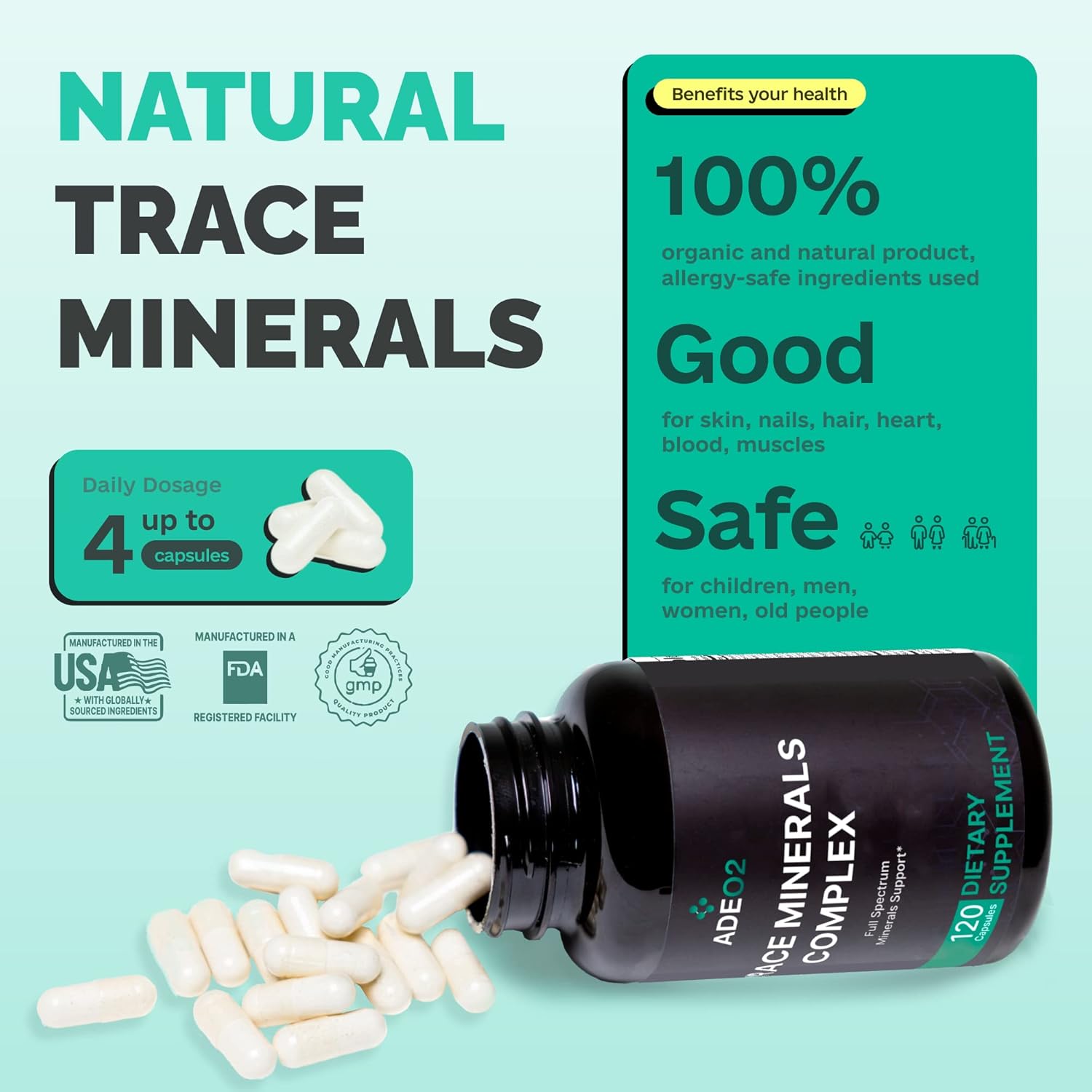 ADEO2 - Premium Blend of 52 Trace Minerals Complex with Essential Minerals in Chelated Form – All Natural and 100% Organic - 120 Capsules - Full Spectrum Ionic Mineral Blend - Safe for Women and Men : Health & Household