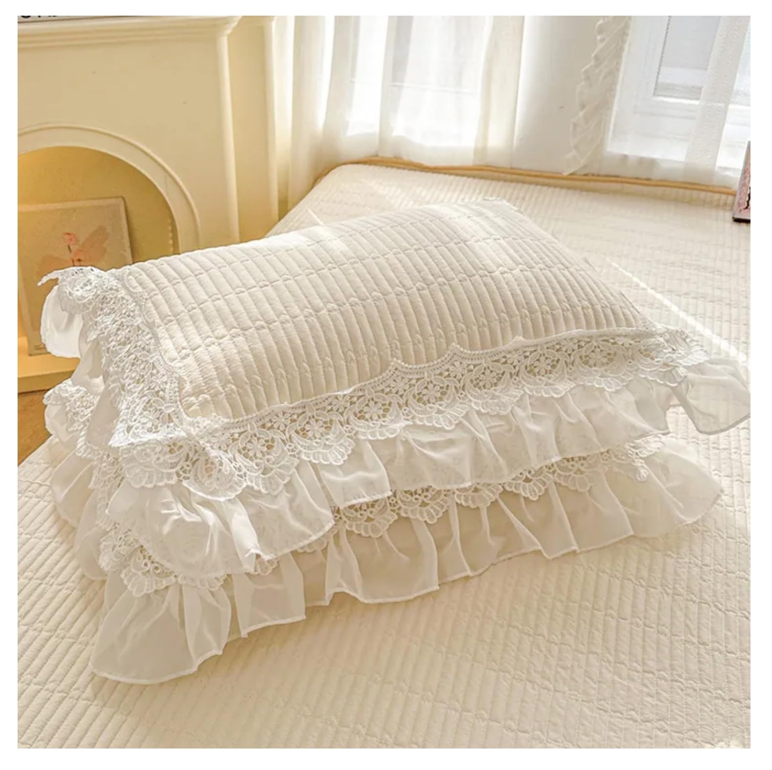 PUIPPUII 2 Pack Cotton Ruffle Pillow Covers, 19x29 Inch Soft Quilted Lace Pillow Shams, Breathable & Machine Washable, Chic Farmhouse Pillow Cases for Bedroom Decor(Beige)