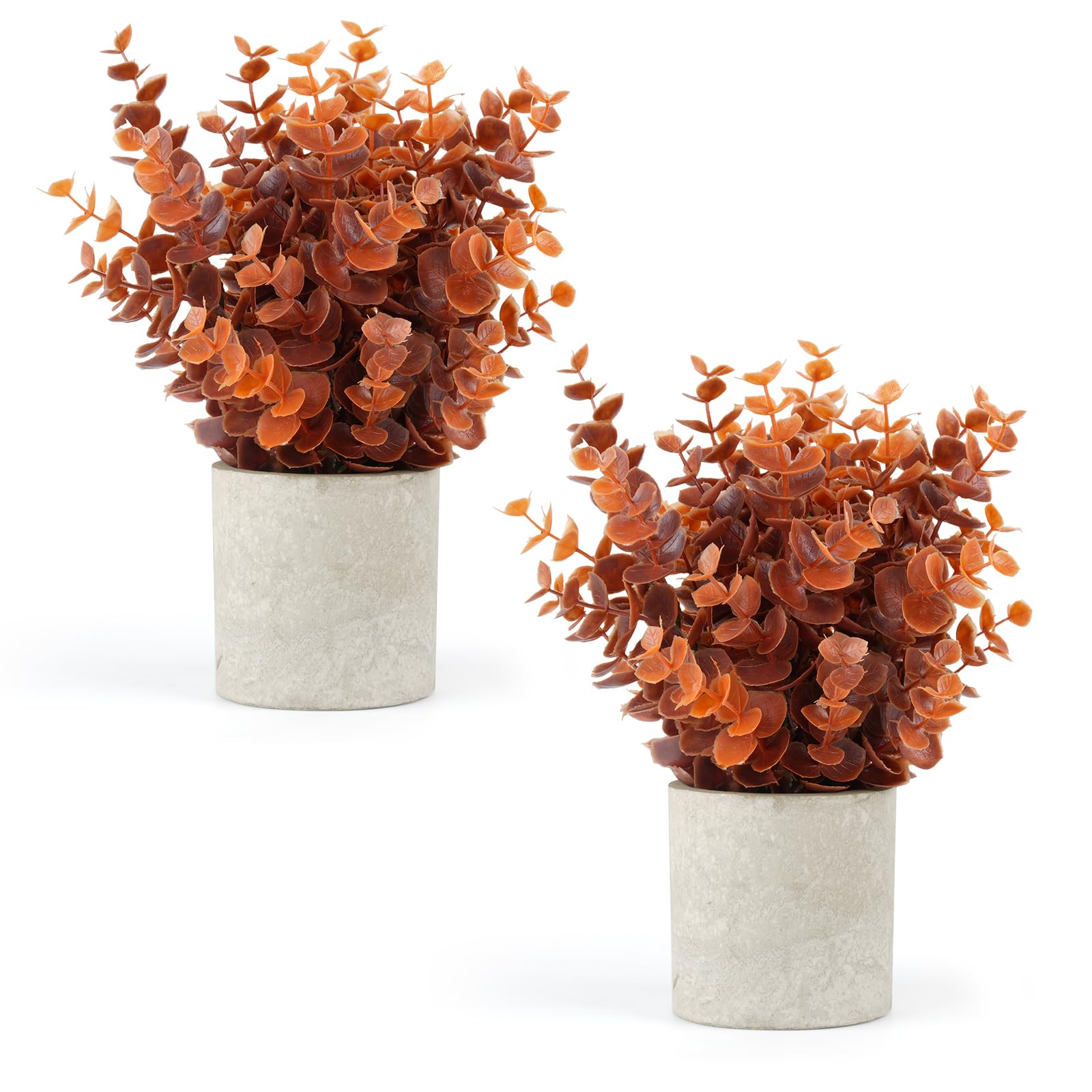 Velener 2 PCS Small Fake Eucalyptus Plant Artificial Potted Plants Indoor for Desk, Shelf, Home Decor Realistic Faux Plant for Office, Bathroom, Living Room Decoration (Fall Orange)