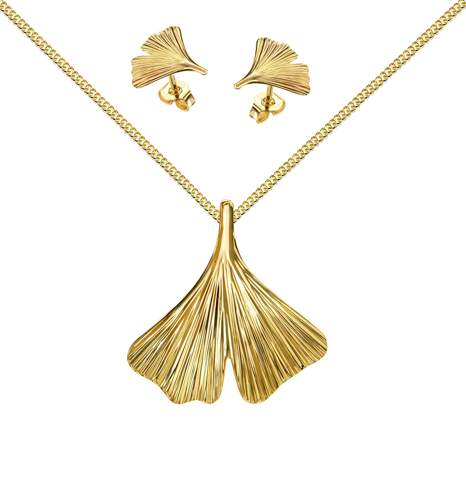 Gold 333 Schmuckset Ginkgo-Goldanhänger und 2x Ohrstecker für Damen mit Kette oder ohne Kette + Schmuck-Etui + Zertifikat