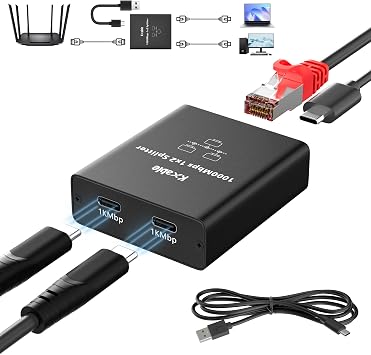 Ethernet Splitter 1 to 2 Out Double USB-C Port, Upgrade Design RJ45 Splitter with USB A to C Power Cord, Gigabit LAN Internet Adapter, 1Gbps, RJ45 to Double Type-C Adapter, for Macbook to Ethernet