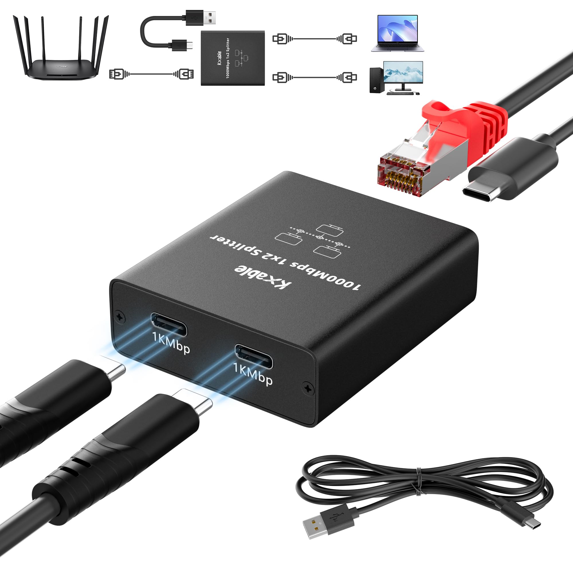 Ethernet Splitter 1 to 2 Out (Double USB-C Port), Upgrade Design RJ45 Splitter with USB A to C Power Cord, Gigabit LAN Internet Adapter, 1Gbps, RJ45