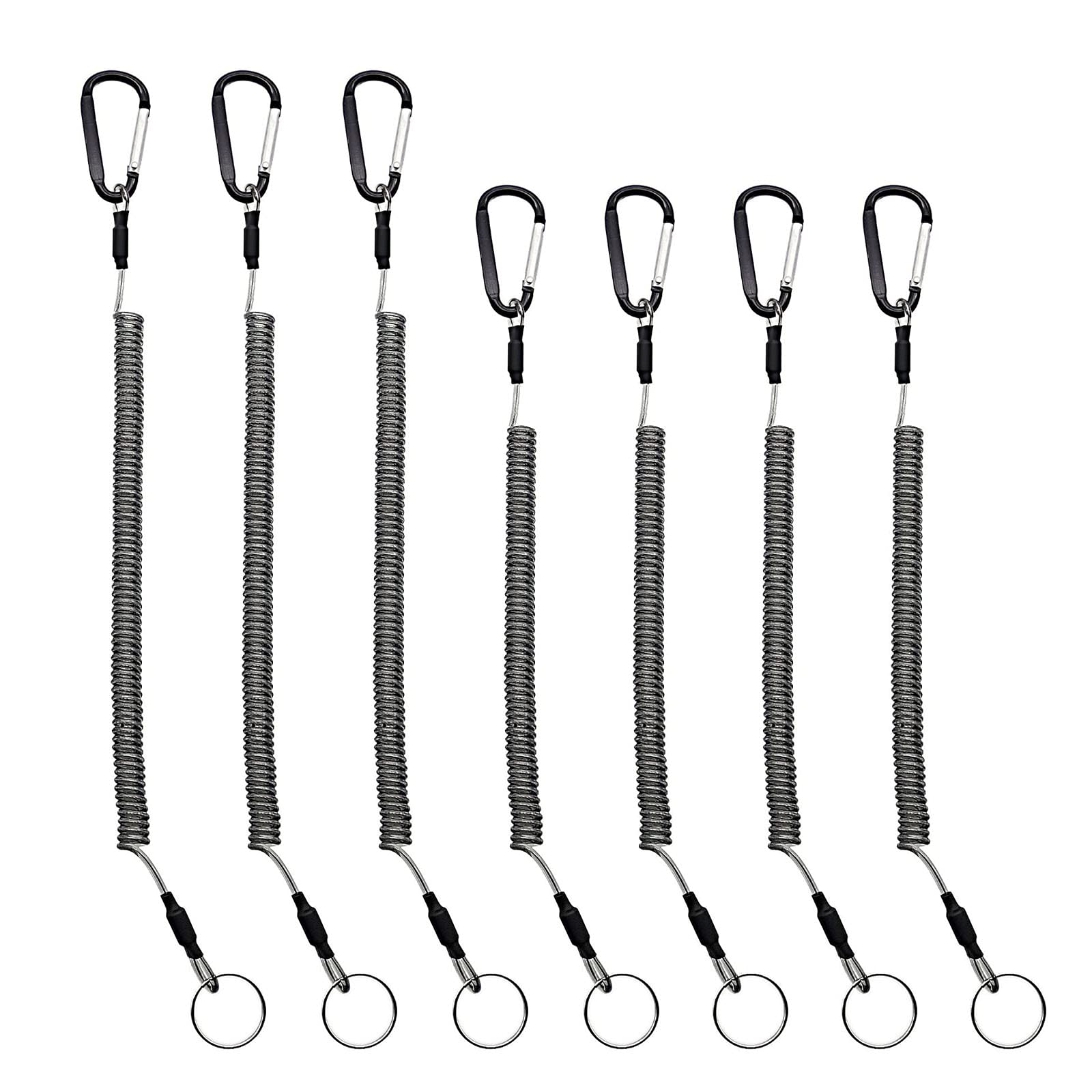 LAIBOREC Fishing Tool Lanyard, Retractable Safety Wire Coiled Tether 7PCS Finishing Ropes Accessories with Carabiner and Split Ring for Pliers Lip Grips Tackle, Boating, Kayak (Black)