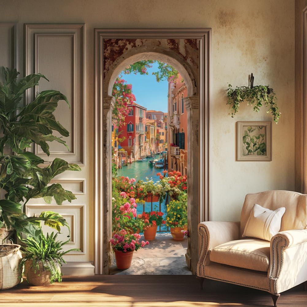 arricraft 2 fogli di adesivi per porta, motivo: città acquatica italiana, 80 cm x 200 cm, stile vintage, in PVC, rimovibile, decorazione per camera da letto, soggiorno