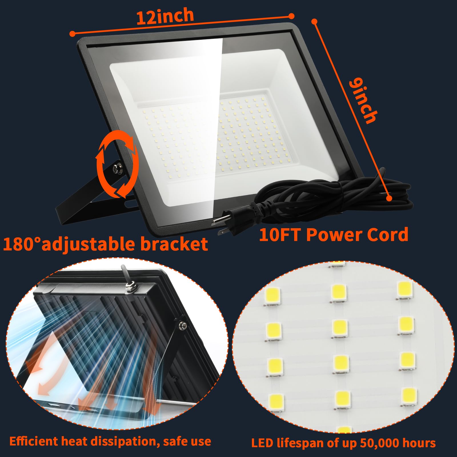 150W Flood Lights Outdoor 21000lm Bright LED Work Light with 10ft Plug 5000K Daylight White Flood Lighting IP66 — view 6