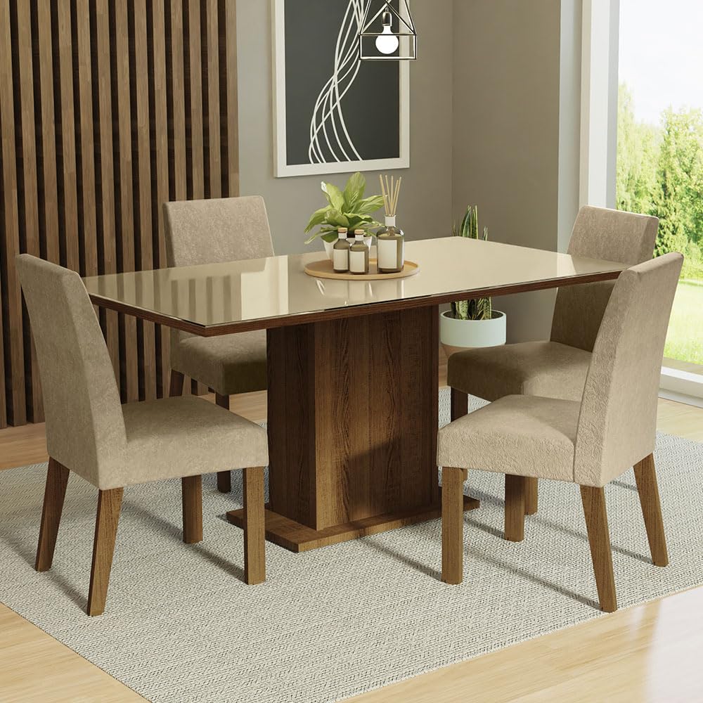 Madesa 4 Seater Dining Set Rectangular Glass Table Top Sturdy Wooden with Cushioned Seats 160 Cm for Dining Room and Kitchen - Brown/Cream-image-30