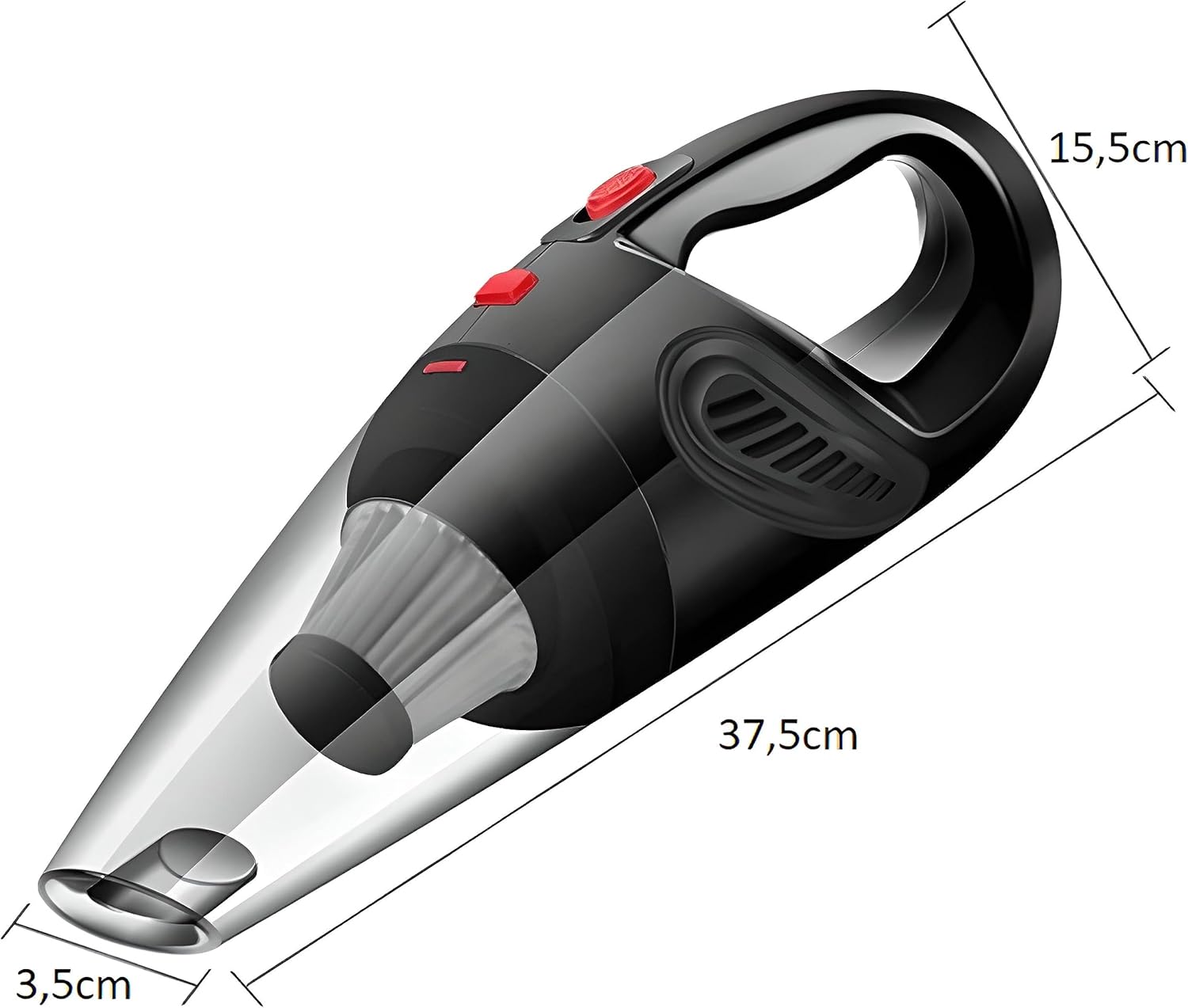 Diagram showing the dimensions of the Retoo Car Vacuum Cleaner M030: 37.5 cm length, 15.5 cm height, 12.5 cm width.