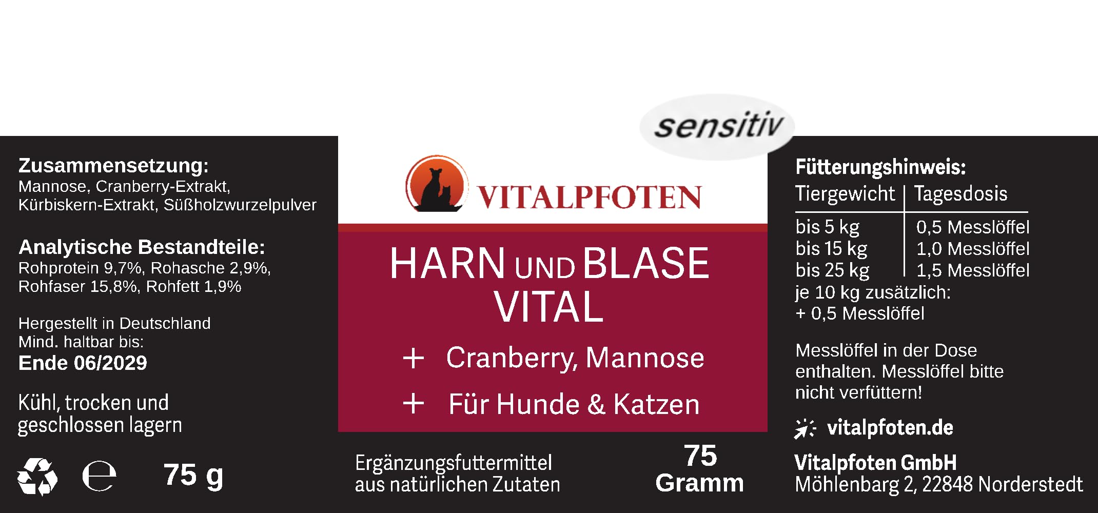 75 Gramm Harn und Blase Vital sensitiv Pulver für Hunde & Katzen mit Cranberry, Mannose und Kürbiskern, pflanzliche Hausmittel - Rezeptur bei Blasenentzündungen und Inkontinenz