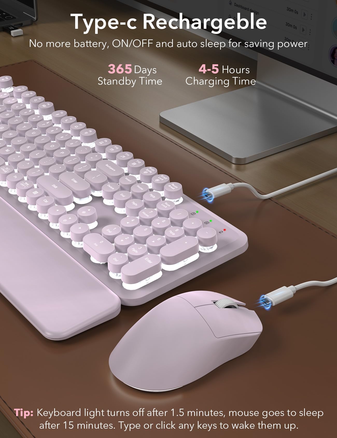 Tastiera e mouse wireless retroilluminati - Macchina da scrivere, poggiapolsi magnetico | Tasti rotondi retrò, lettere illuminate, combo cordless da 2,4 GHz per Mac, Windows, PC, laptop, Trueque CK23Pro [aggiornato]
