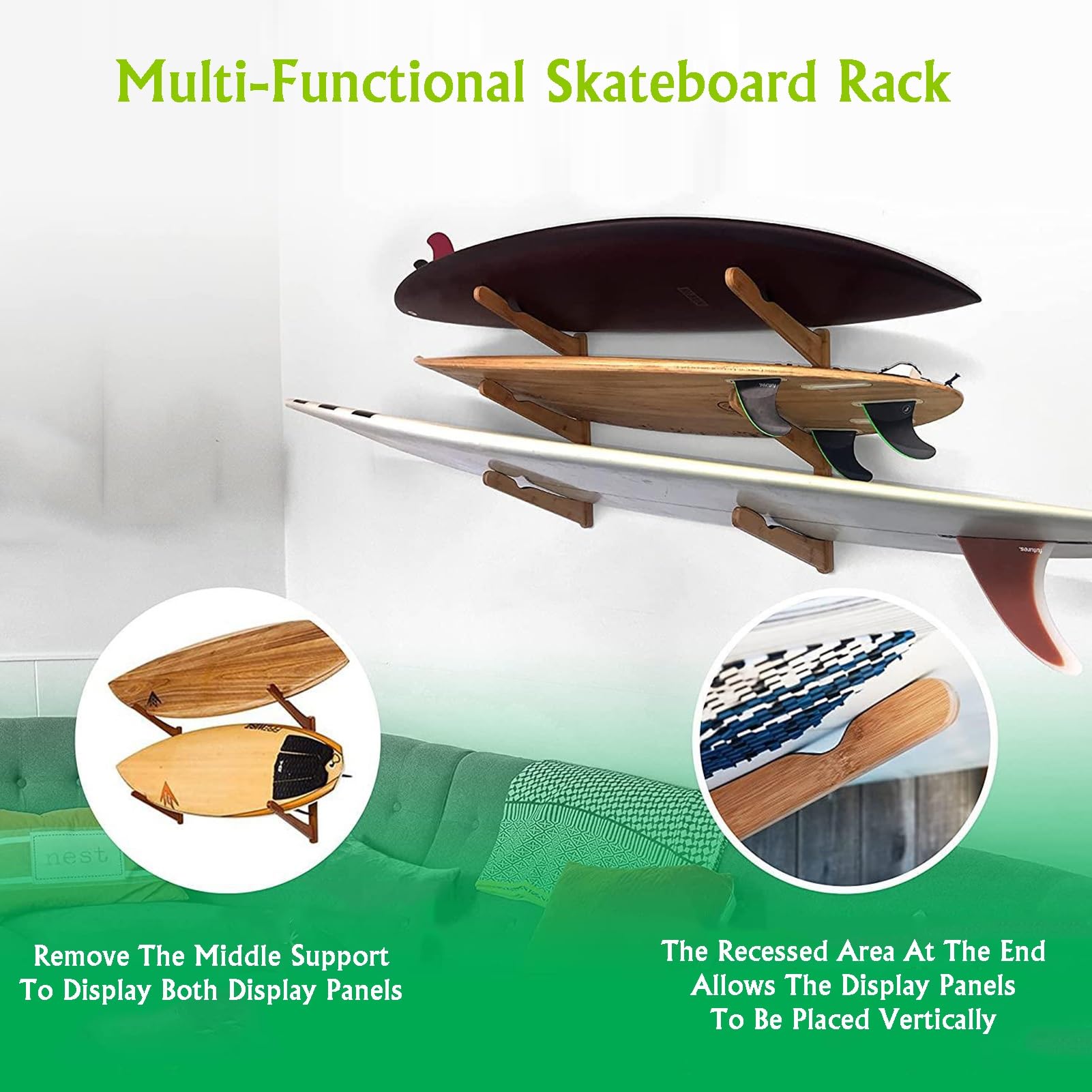 Étagère murale de rangement pour planche de surf ou de ski - En bois - Capacité de 15 kg - Gain de place