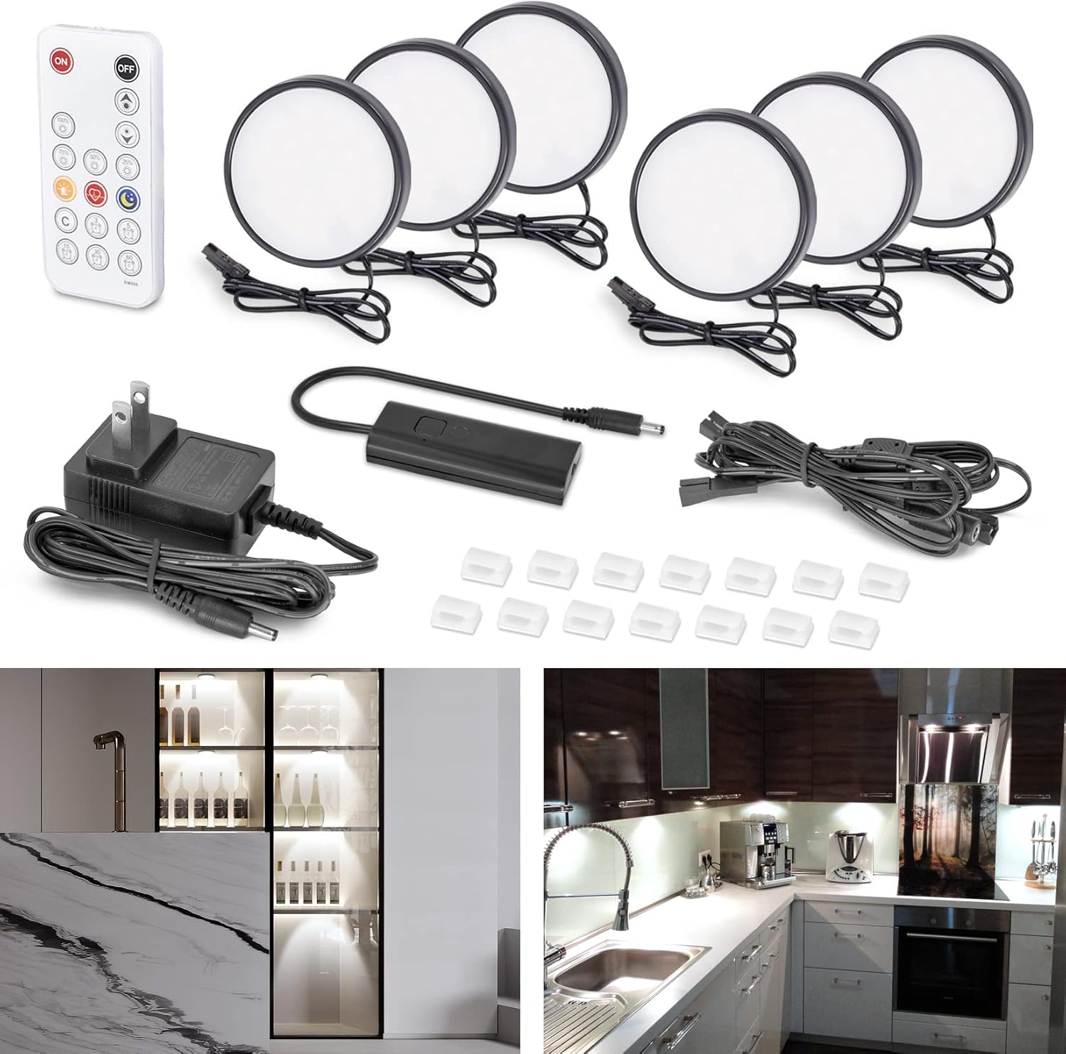 WOBANE LED Puck Lights, Wired Under Lighting Kit with Remote, Dimmable LED Counter